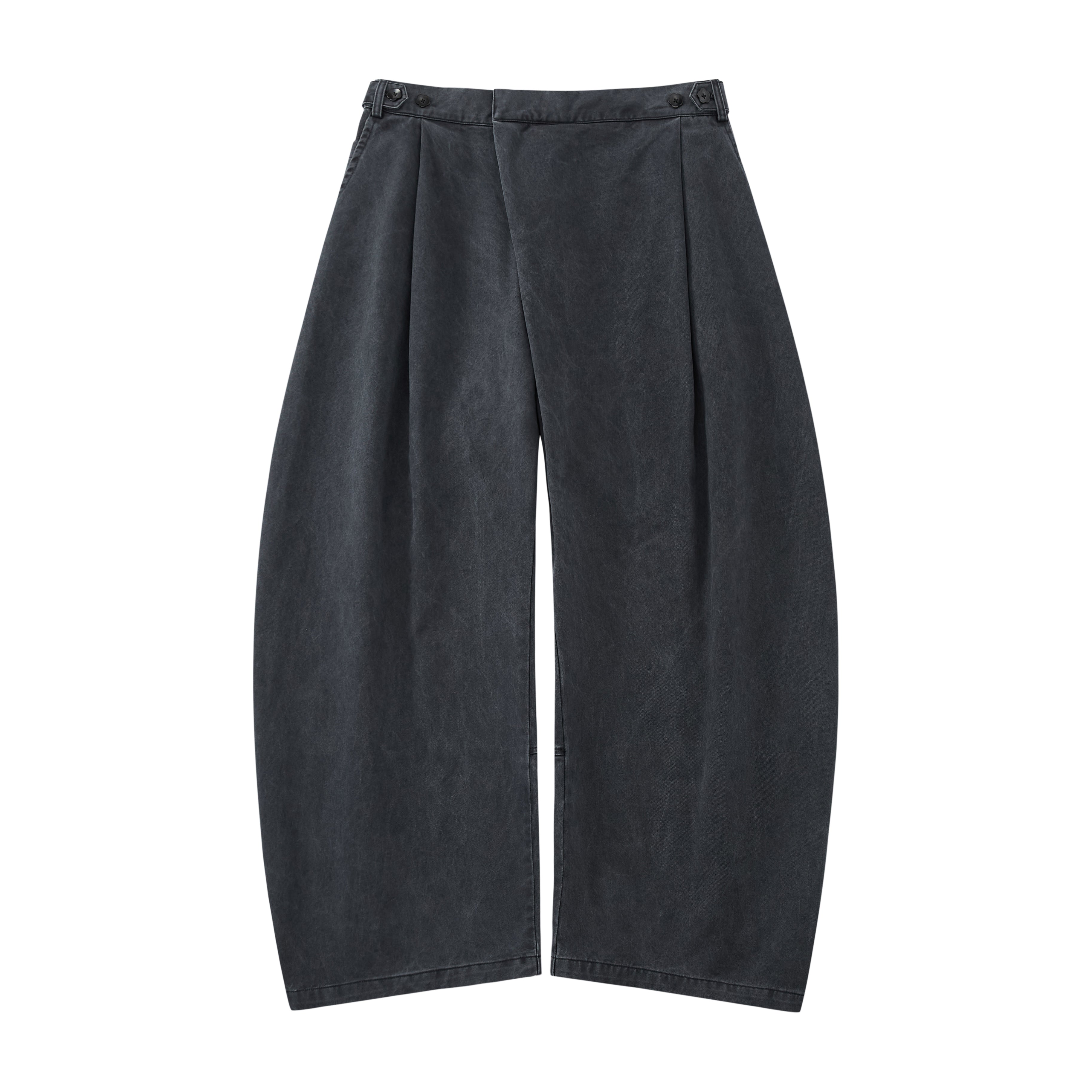 The Charcoal Hanbok Chino Pants by Sundae School feature a wide-leg, high-waisted barrel-fit chino silhouette with pleats and button details, inspired by classic hanbok styles, shown on a plain white background.