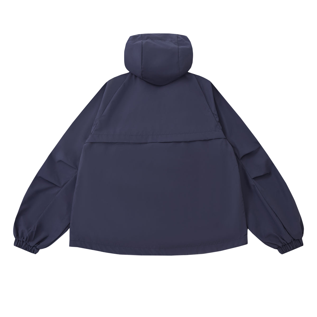 The NAVY JEOGORI TIE SHELL JACKET by Sundae School is a unisex technical outerwear piece in navy blue, featuring a water-resistant shell, elastic cuffs, long sleeves, and a relaxed fit. Shown from the back against a plain light background.