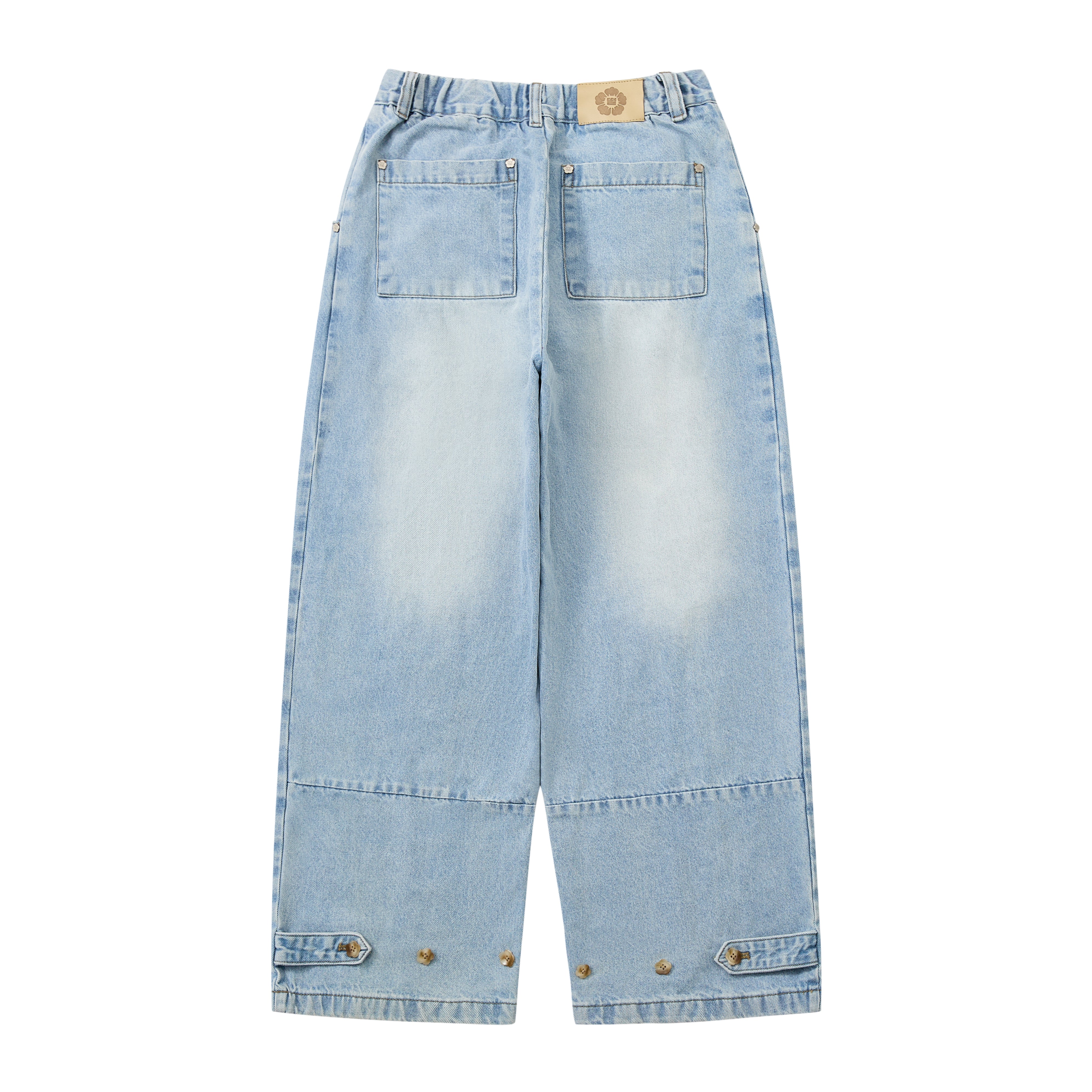 Light blue wide-leg denim pants with a faded wash, featuring back pockets, button-tab cuffed hems, and a small circular brand patch at the waistband.