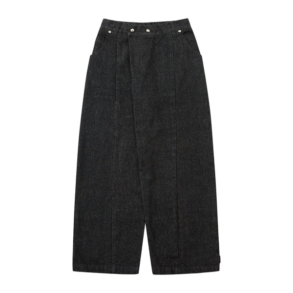 A pair of wide-leg cropped pants in a dark charcoal gray denim-like fabric, featuring a wrap-style front closure with silver metal snaps, side pockets, and a relaxed straight-leg silhouette.