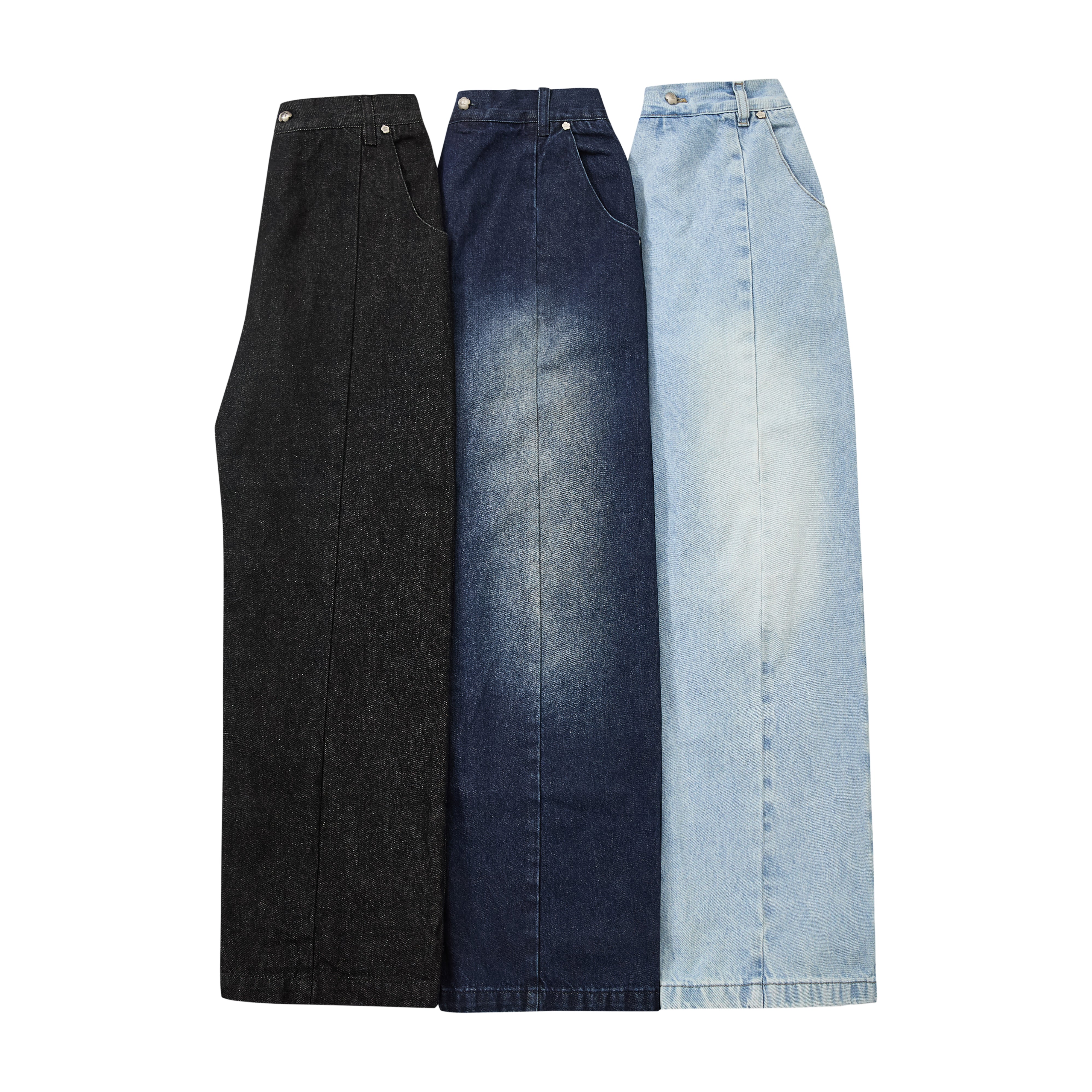 Three wide-leg denim pants in different washes are displayed side-by-side against a plain white background. The left pair is black, the middle pair is dark blue with a faded wash, and the right pair is a light blue wash.