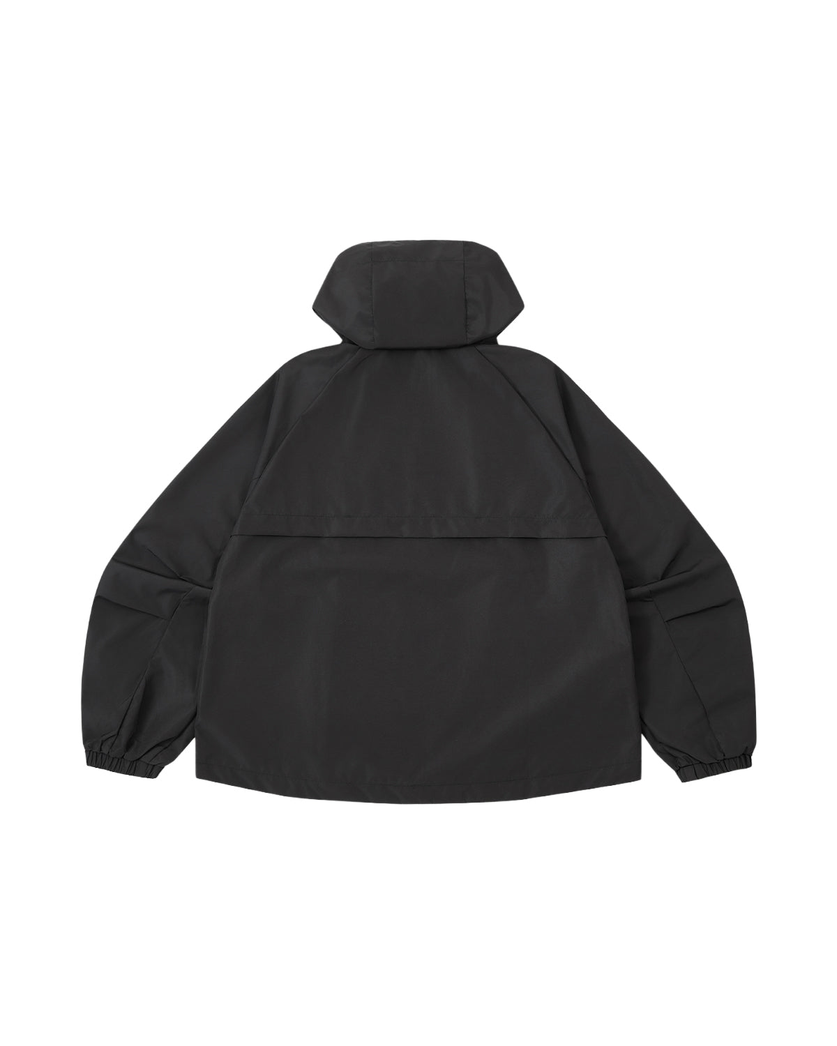 Introducing the Sundae School BLACK JEOGORI TIE SHELL JACKET: a unisex, water-resistant outerwear piece inspired by the traditional Korean jeogori. This black hooded jacket features long sleeves, elastic cuffs, and a loose fit. Shown laid flat with the back side facing up, it offers technical versatility for everyday use.