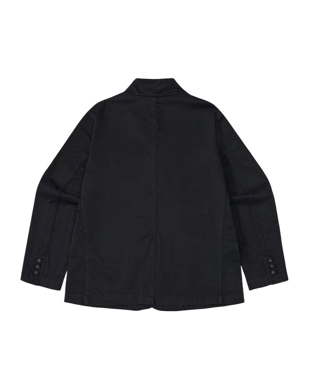 The BLACK JEOGORI TIE JACKET by Sundae School is displayed from the back against a plain white background, showcasing its central seam, monk collar jeogori design, and buttoned cuffs.