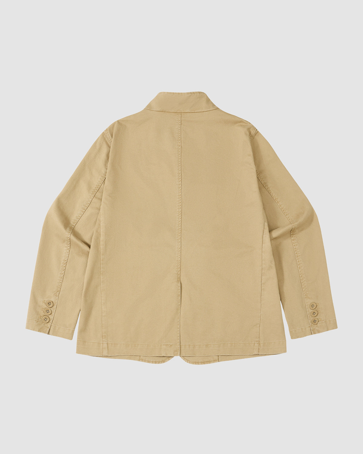 The Sundae School TAN JEOGORI TIE JACKET is shown flat, back up, on a white background. It features long sleeves, buttoned cuffs, seam details, and a straight monk-inspired collar.