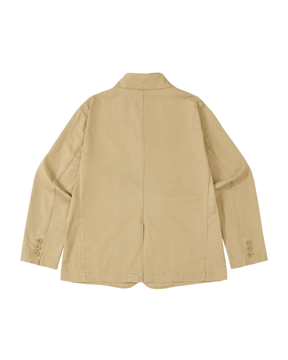 The TAN JEOGORI TIE JACKET by Sundae School is displayed flat in a back view, showcasing its beige color, classic collar inspired by traditional monk collars, buttoned sleeve cuffs, and visible seam stitching—making it an ideal choice for summer suiting.