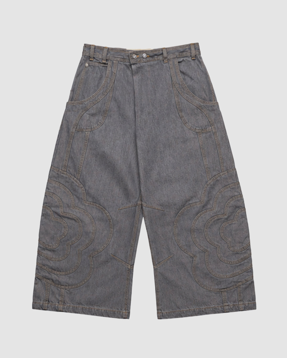 The JOONIVERSE JEANS GREY by Sundae School feature wide-leg gray denim, decorative curved stitching on both legs, a high waist, and large front pockets. Displayed flat on a plain white background.