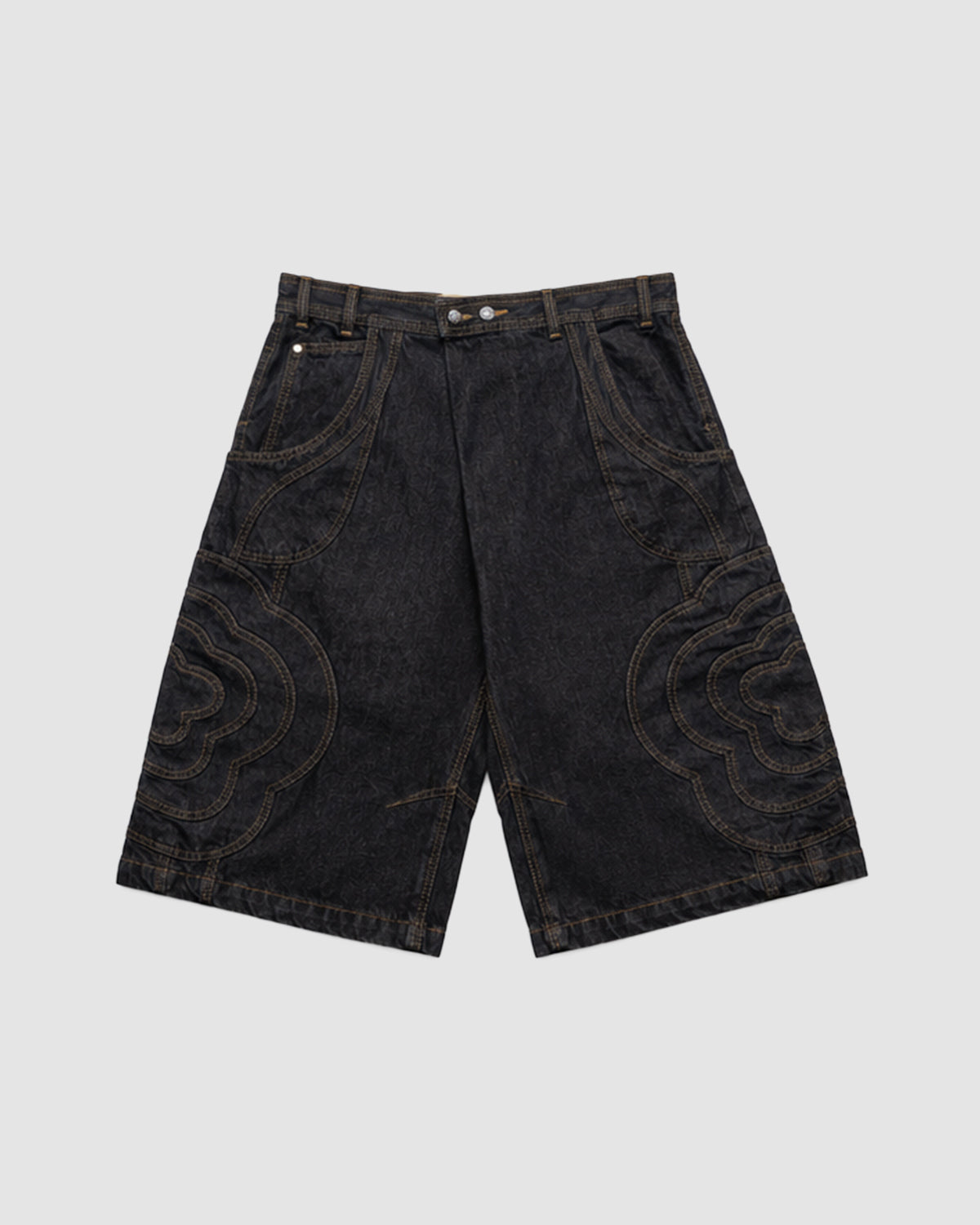 The BLACK JORTS JOONIVERSE by Sundae School are wide-leg black denim shorts featuring side stitch patterns, front pockets, belt loops, and a button-zipper closure, shown on a light gray background.