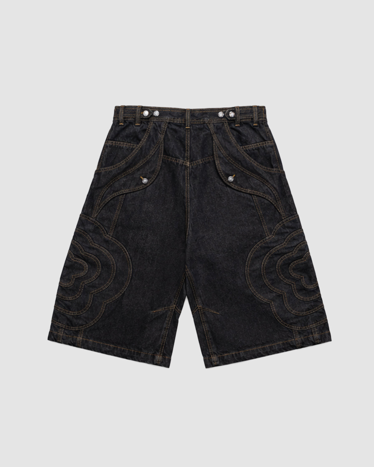 The HW BLACK JORTS JOONIVERSE by Sundae School are wide-leg black denim shorts featuring decorative front stitching and large front pockets, shown flat on a plain light gray background.