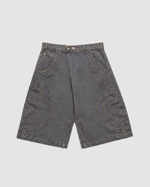 The GREY JORTS JOONIVERSE by Sundae School are wide-leg, knee-length gray denim shorts with front stitched patterns and large side pockets, shown flat on a white background.