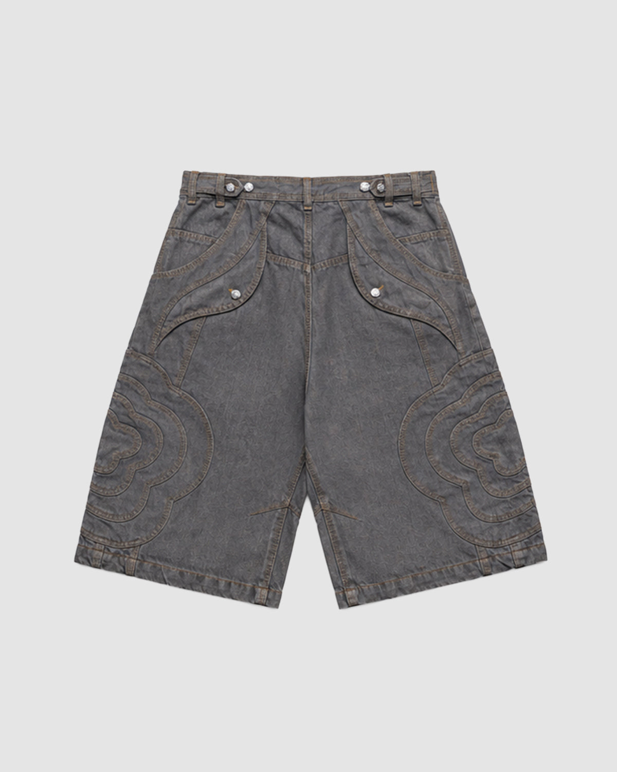 The Sundae School GREY JORTS JOONIVERSE are high-waisted, wide-leg gray denim shorts with curved stitch accents and button details at the waistband and pockets, shown laid flat on a light background.