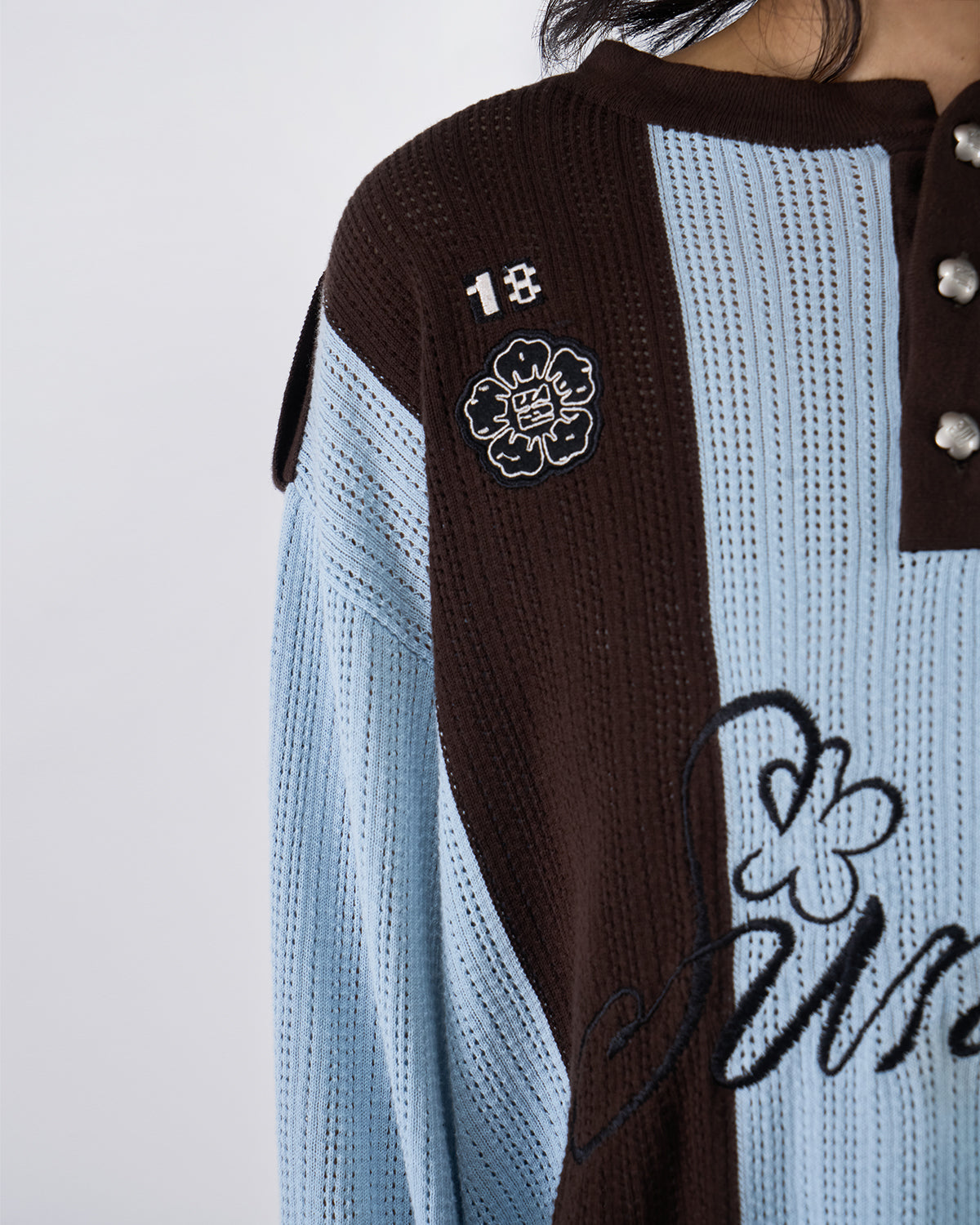 Close-up detail of Baby Blue Brown Sundae Soccer Jersey Knit back showing 