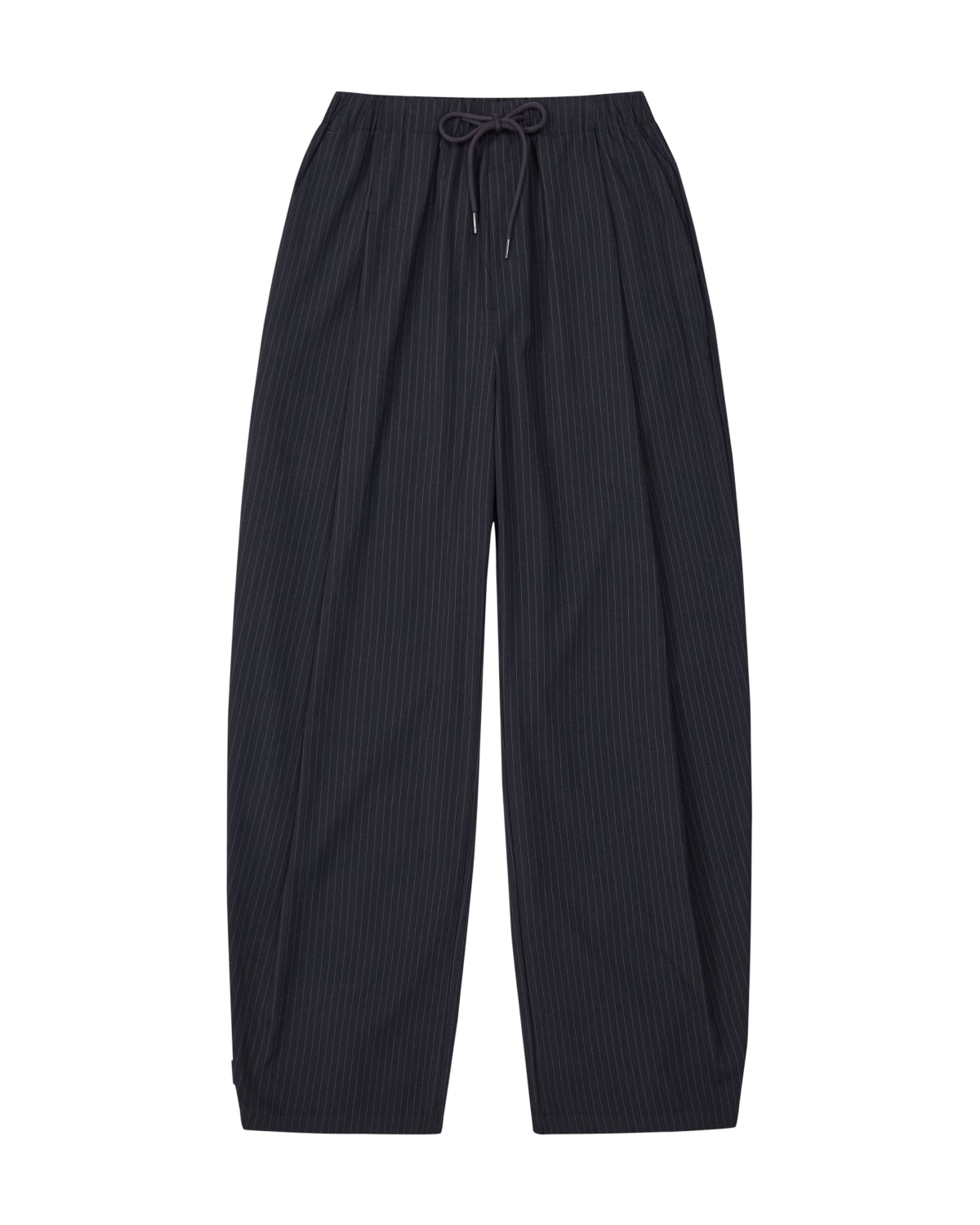 The KIKI DRAWSTRING SLACKS by Sundae School are black, loose-fitting pinstripe sweatpants featuring an elastic drawstring waist, shown flat against a white background. Their wide, straight barrel leg design delivers a relaxed fit for comfortable and effortlessly stylish wear.