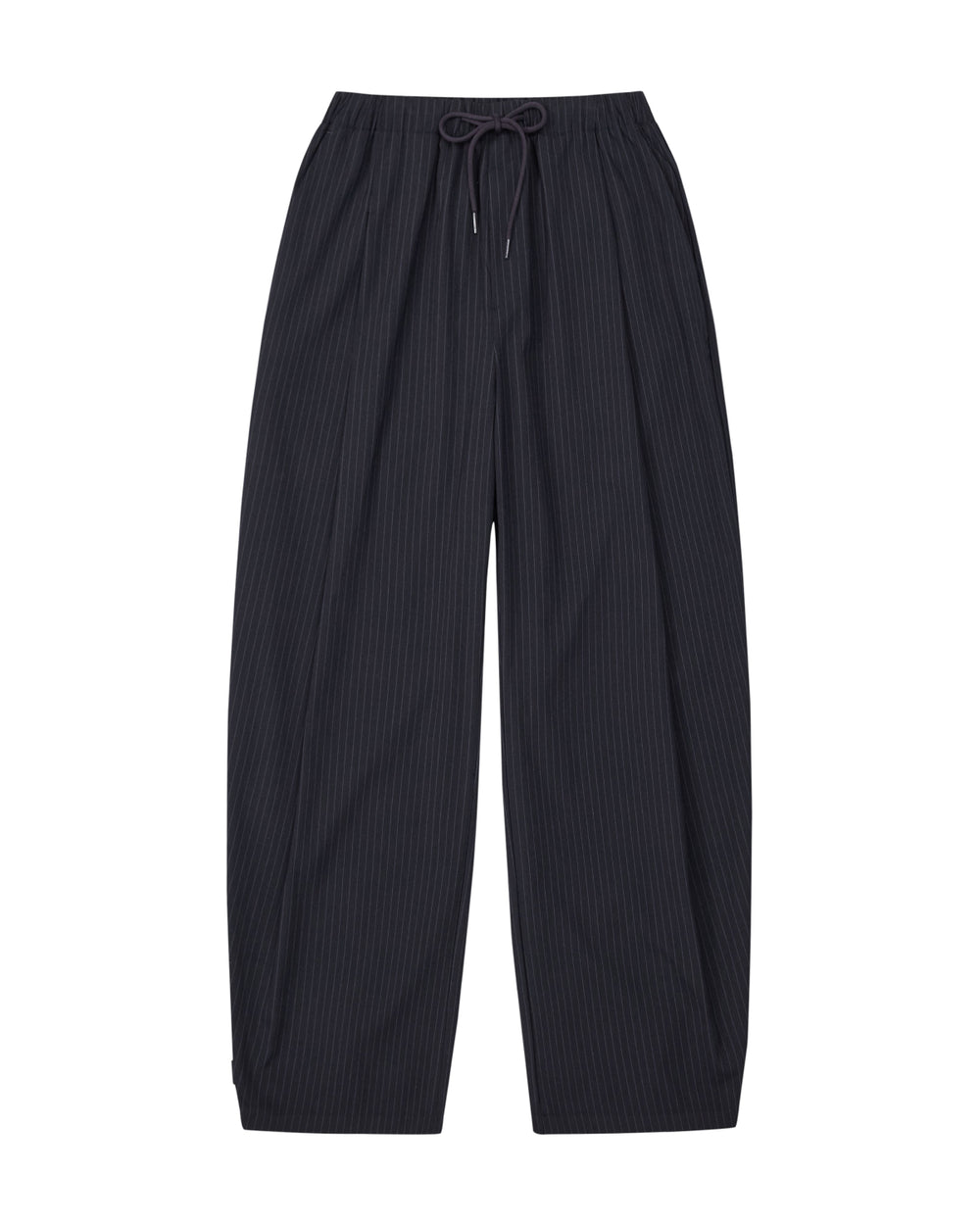 The KIKI DRAWSTRING SLACKS by Sundae School are black, loose-fitting pinstripe sweatpants featuring an elastic drawstring waist, shown flat against a white background. Their wide, straight barrel leg design delivers a relaxed fit for comfortable and effortlessly stylish wear.