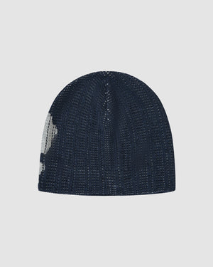 The Sundae School NAVY DDUL KNIT BEANIE features a minimalist silhouette in dark blue, crafted from breathable spring jersey with a subtle textured pattern, shown on a plain light background.