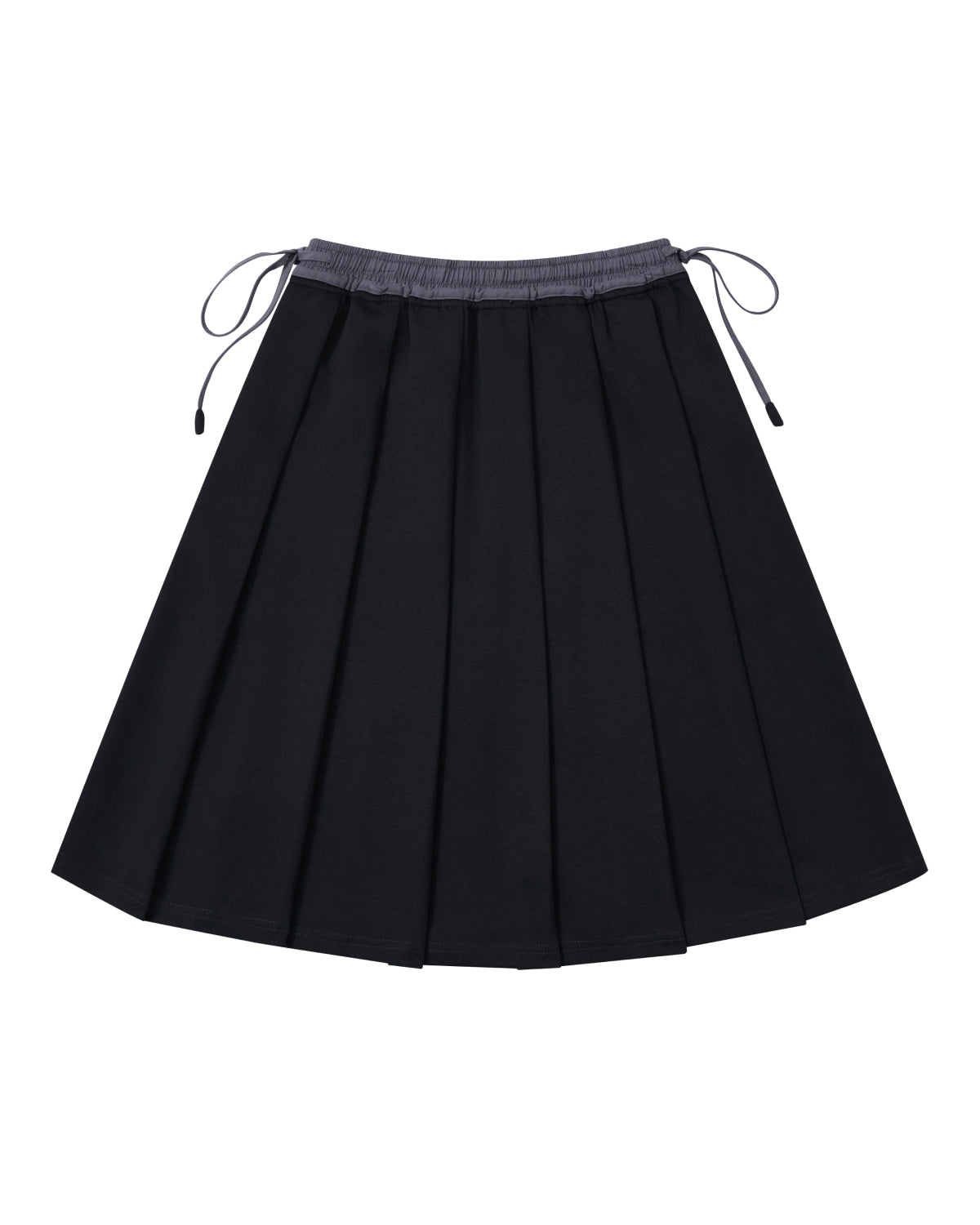 The BLACK KONA MIDI SKIRT by Sundae School, featuring a black pleated design with a gray elastic waistband and adjustable drawstrings on both sides, is laid flat on a white background.