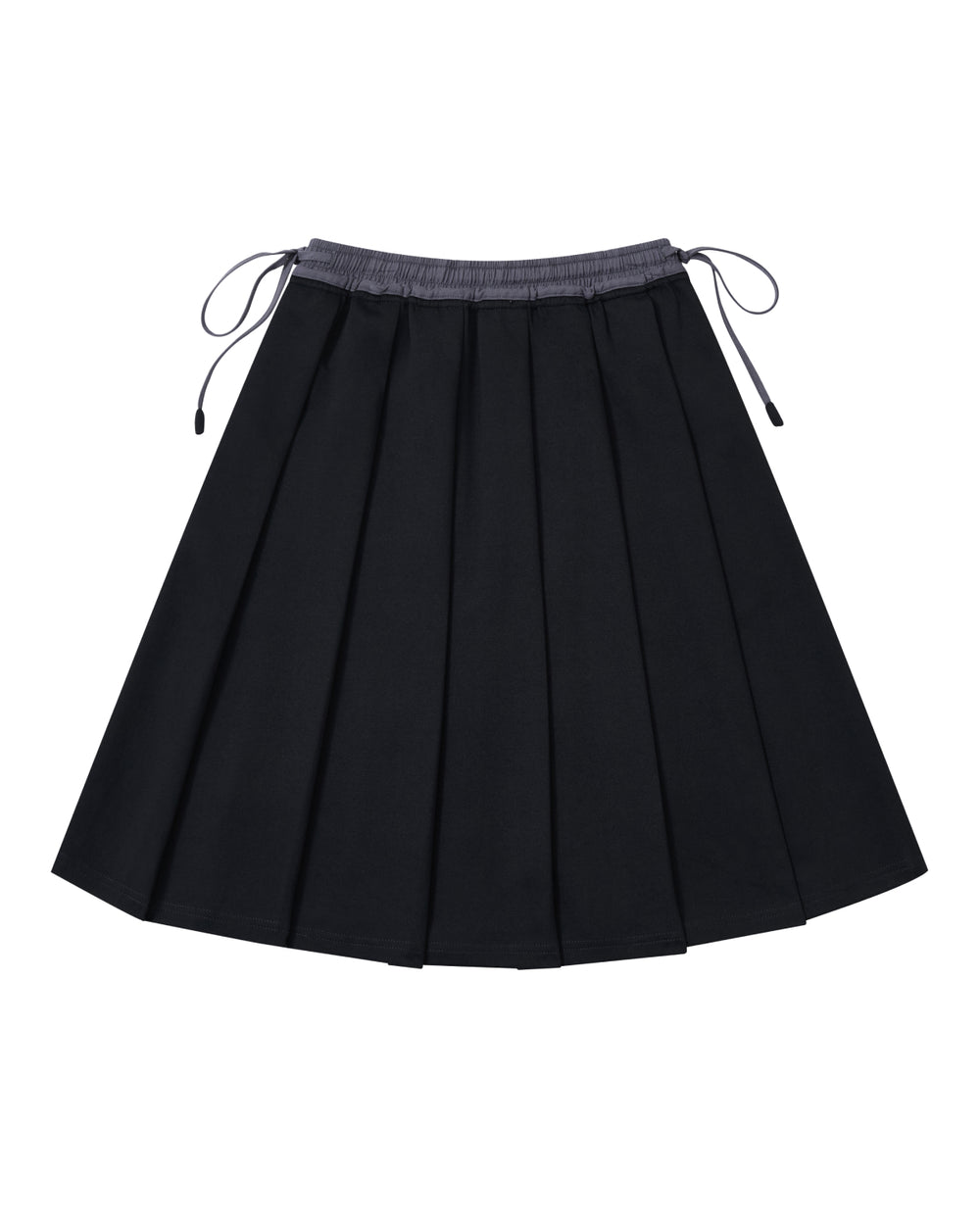 The BLACK KONA MIDI SKIRT by Sundae School, featuring a black pleated design with a gray elastic waistband and adjustable drawstrings on both sides, is laid flat on a white background.