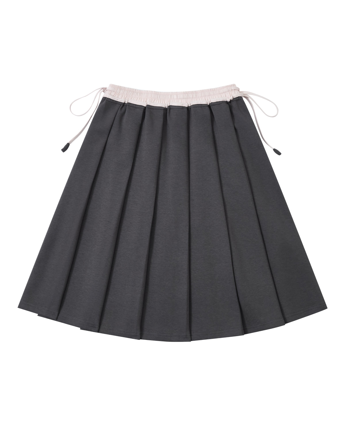 The CHARCOAL KONA MIDI SKIRT by Sundae School features a dark gray pleated design with a light-colored elastic waistband and drawstrings, displayed on a white background.