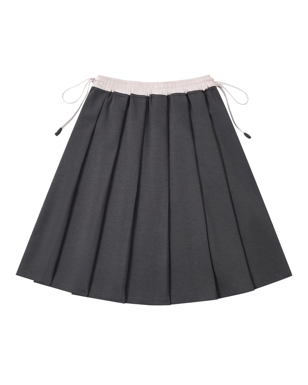 The CHARCOAL KONA MIDI SKIRT by Sundae School features a dark gray pleated design with a light-colored elastic waistband and drawstrings, displayed on a white background.