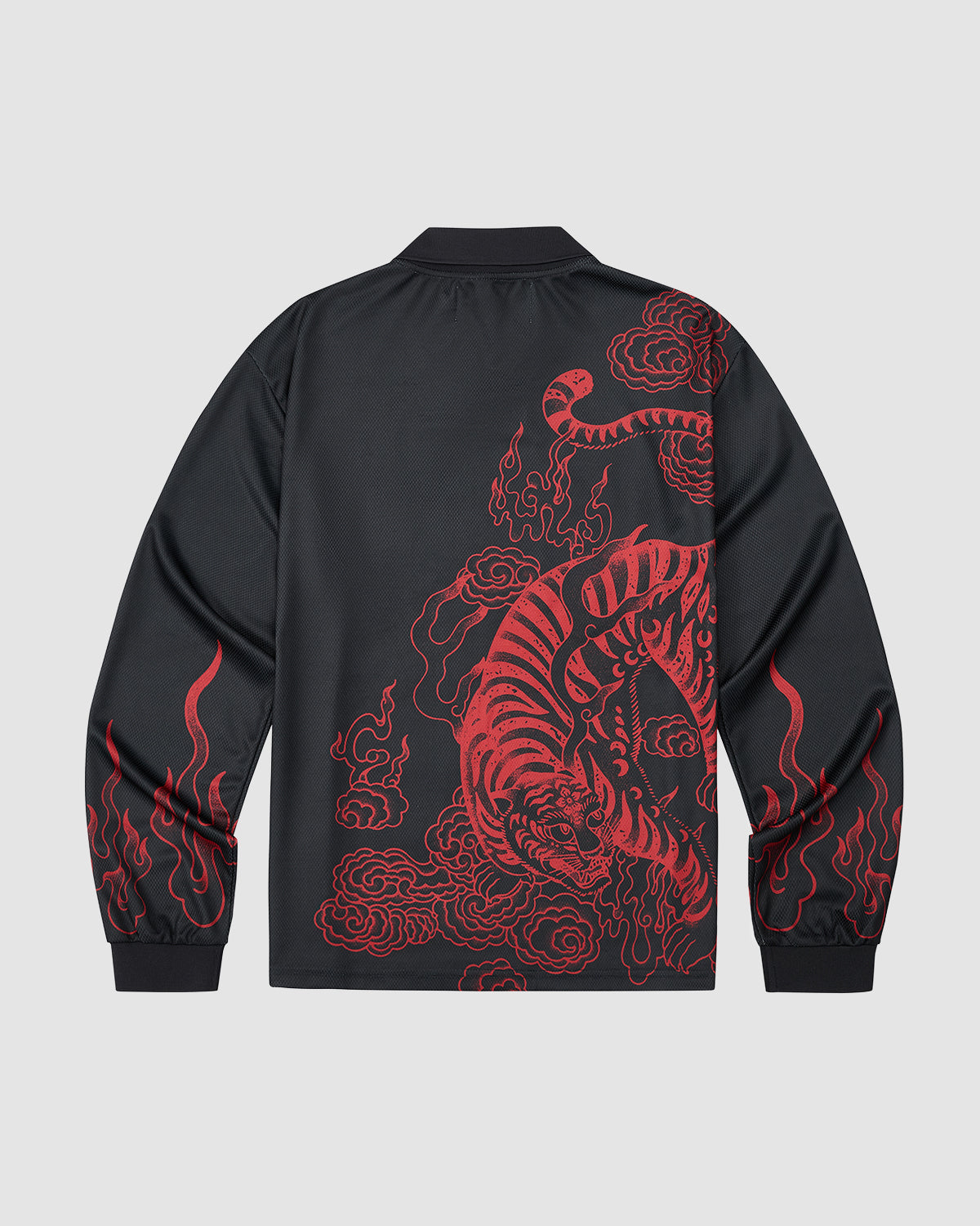 The Sundae School KOREATOWN FOOTBALL JERSEY is a black long-sleeve jacket with red Korean tiger and flame graphics on the back and flame details on the sleeves, perfect for K-Town fashion fans. Shown on a plain white background.