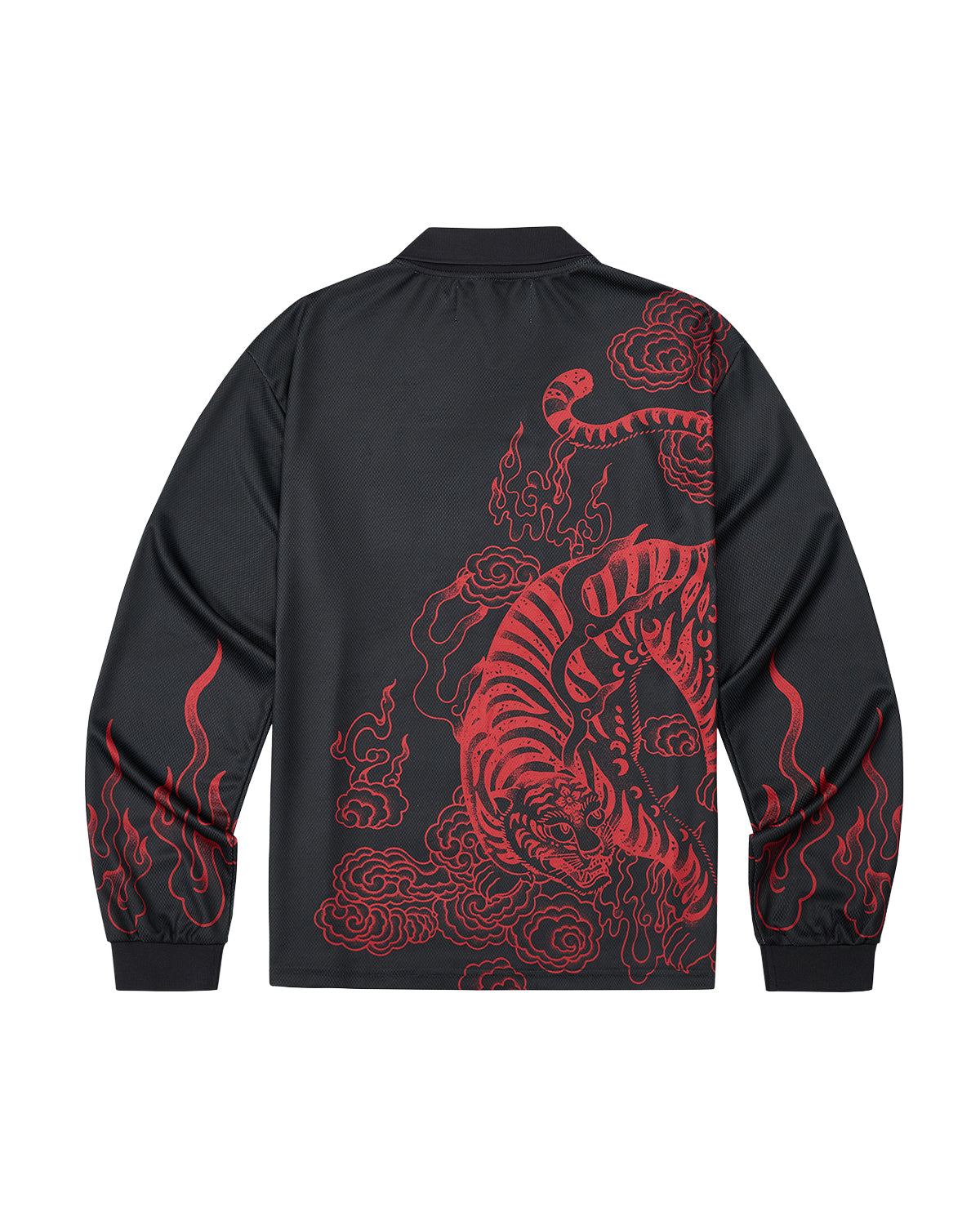 The Sundae School KOREATOWN FOOTBALL JERSEY is a black long-sleeve piece featuring bold red tiger and flame artwork on the back and sleeves, accented with swirling clouds—a striking jersey that channels K-Town fashion vibes.