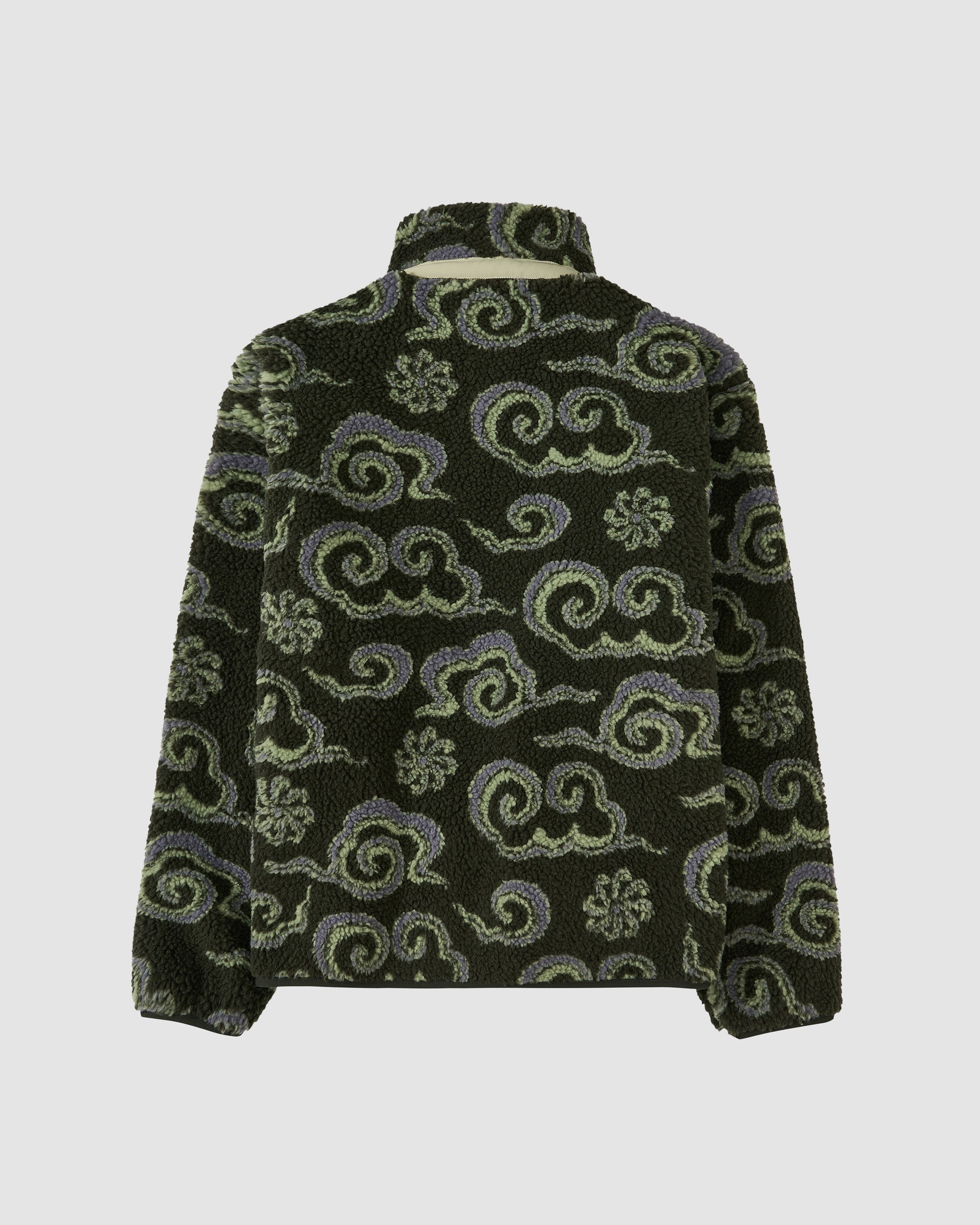 The back of dark green Kloud Fleece Zip-Up jacket with purple and sage green swirl patterns throughout, featuring a high collar and cream trim around the neckline.