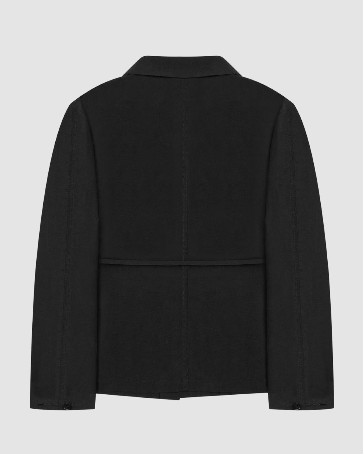 The BLACK LINEN GORUM BLAZER by Sundae School is displayed from the back, showcasing its classic collar, long sleeves, and straight hem against a light gray background.