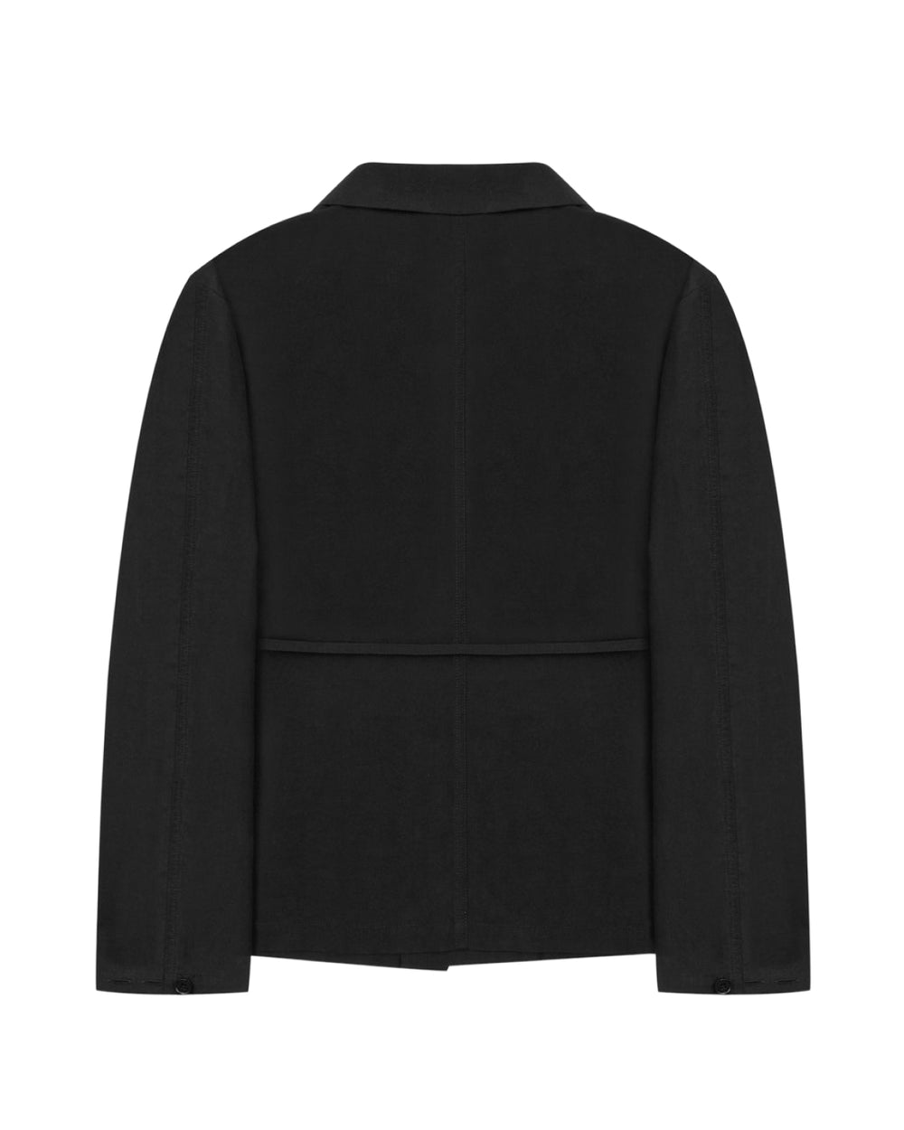 Back view of the BLACK LINEN GORUM BLAZER by Sundae School, featuring a plain black unstructured design with a straight hem, a central seam across the middle, a collar, and long sleeves. This blazer offers a simple, classic look without visible embellishments or logos.