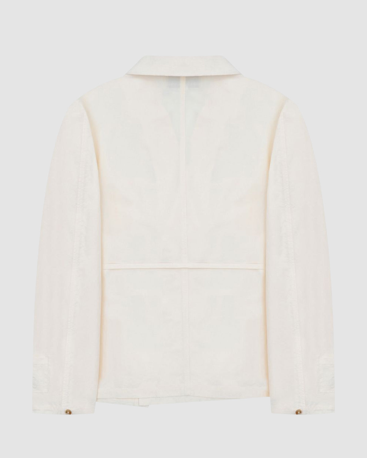 A back view of the IVORY LINEN GORUM BLAZER by Sundae School, featuring a collar and buttoned cuffs, displayed on a plain light background.