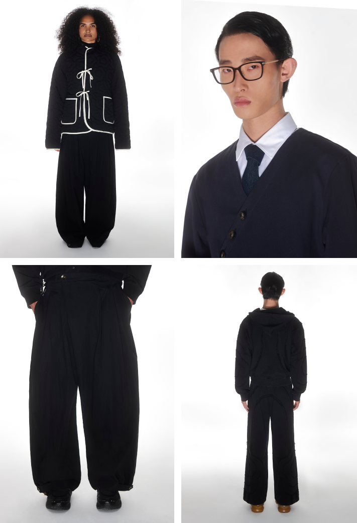 A collage of models a female model and male model wearing Sundae School items including Black and White reversible flower quilted jeogori fleece, Navy Hanbok Tie Blazer, Black Pleated Nylon pants, Black Mochi Haze Paneled Zip Up Hoodie.