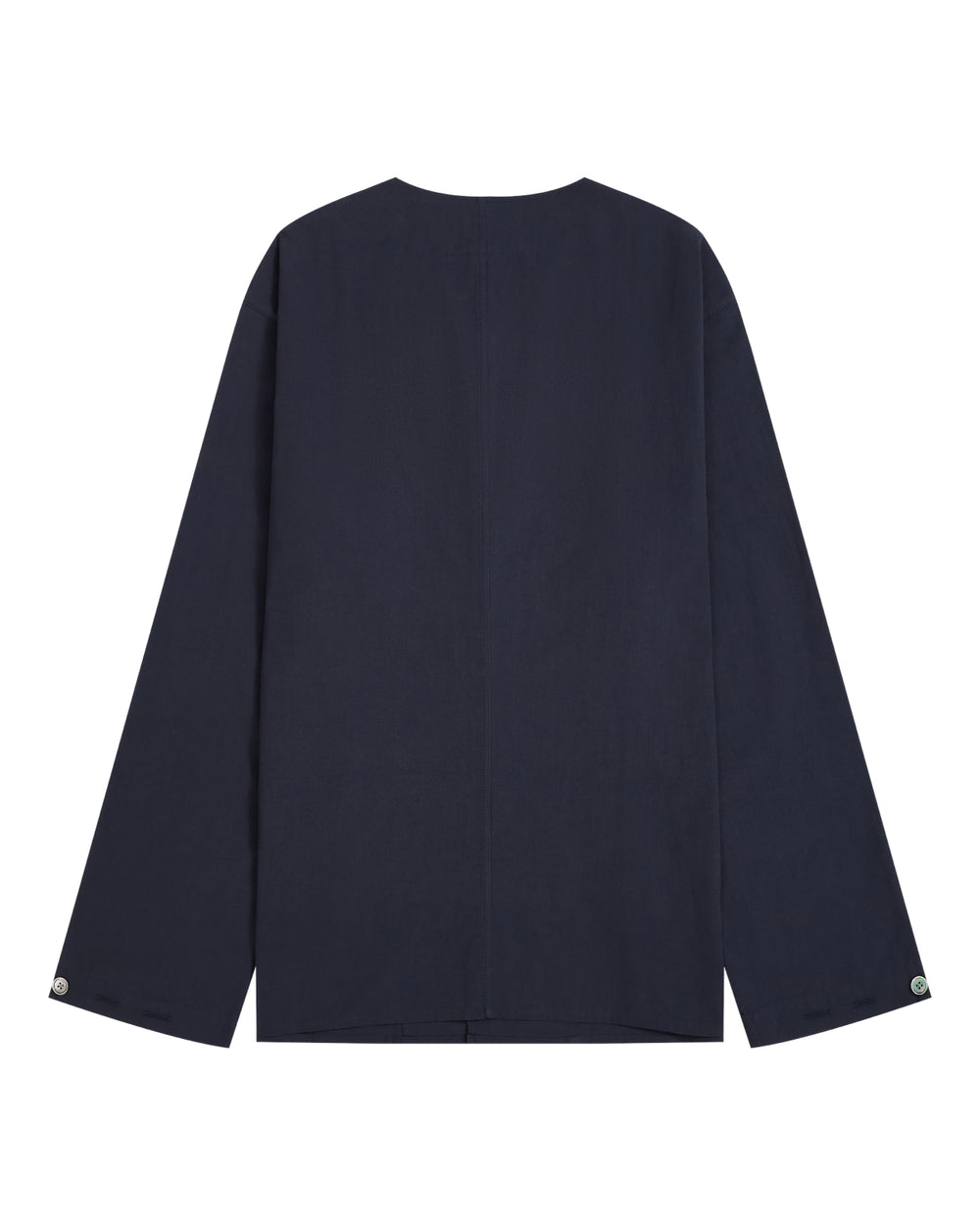 The MAEHWA COLLARLESS SHIRT by Sundae School is a long-sleeve, dark navy linen shirt shown from the back, featuring a simple, minimalist design with no visible patterns, logos, or embellishments. This unisex mid-layer offers understated elegance and versatile style for any wardrobe.
