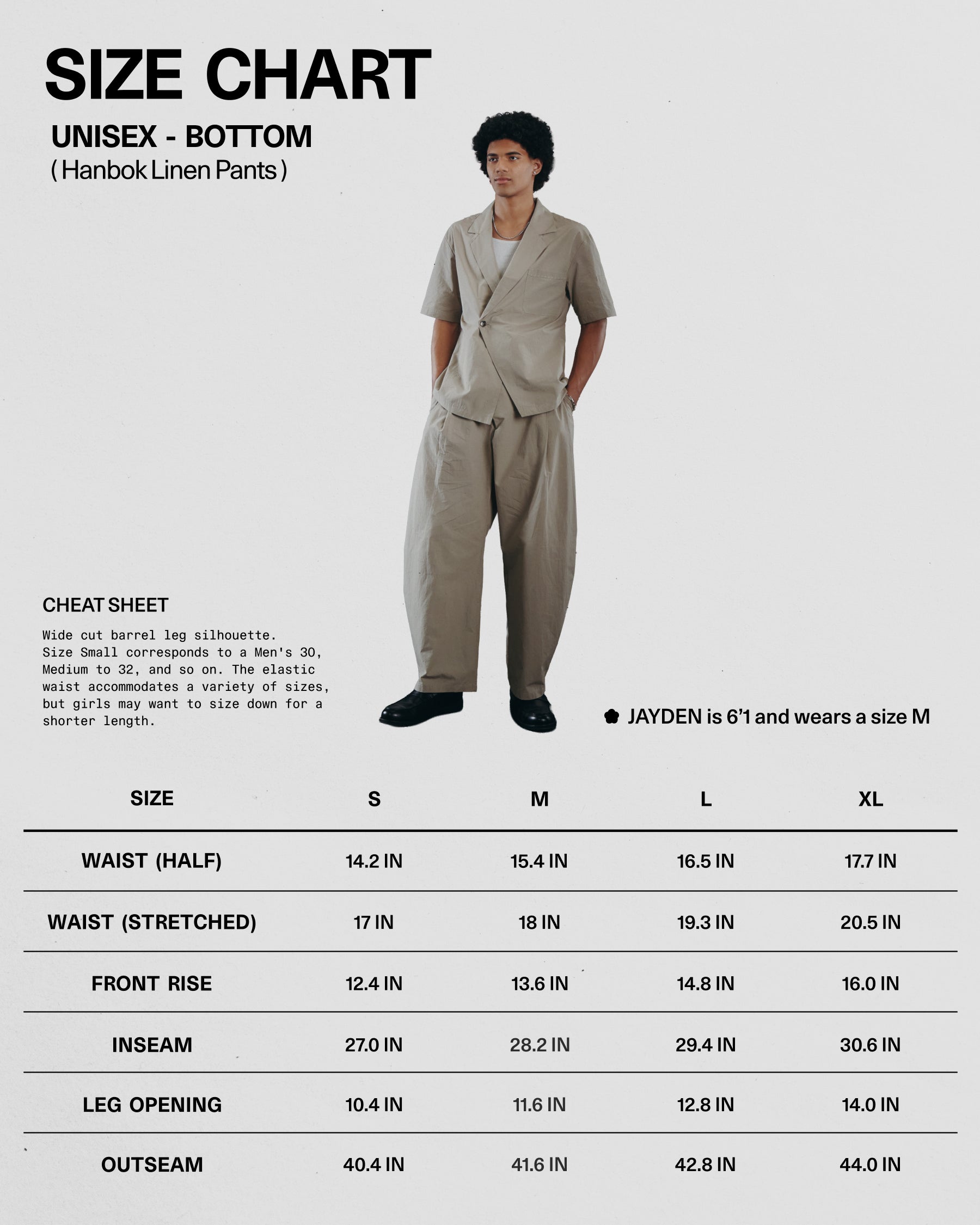 A person in Sundae School's WHEAT HANBOK LINEN PANTS and matching shirt stands before a size chart for unisex pants (S–XL), noting Jayden is 6'1