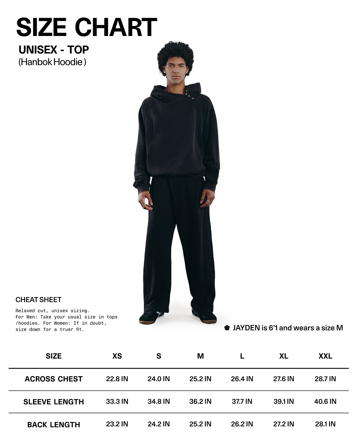 A person stands wearing the BLACK WASH HANBOK HOODIE and matching pants from Sundae School. A size chart for this unisex cotton sweatshirt with an oversized hood displays measurements—from XS to XXL—for across chest, sleeve length, and back length. The person is 6'1" tall and wears a size M.