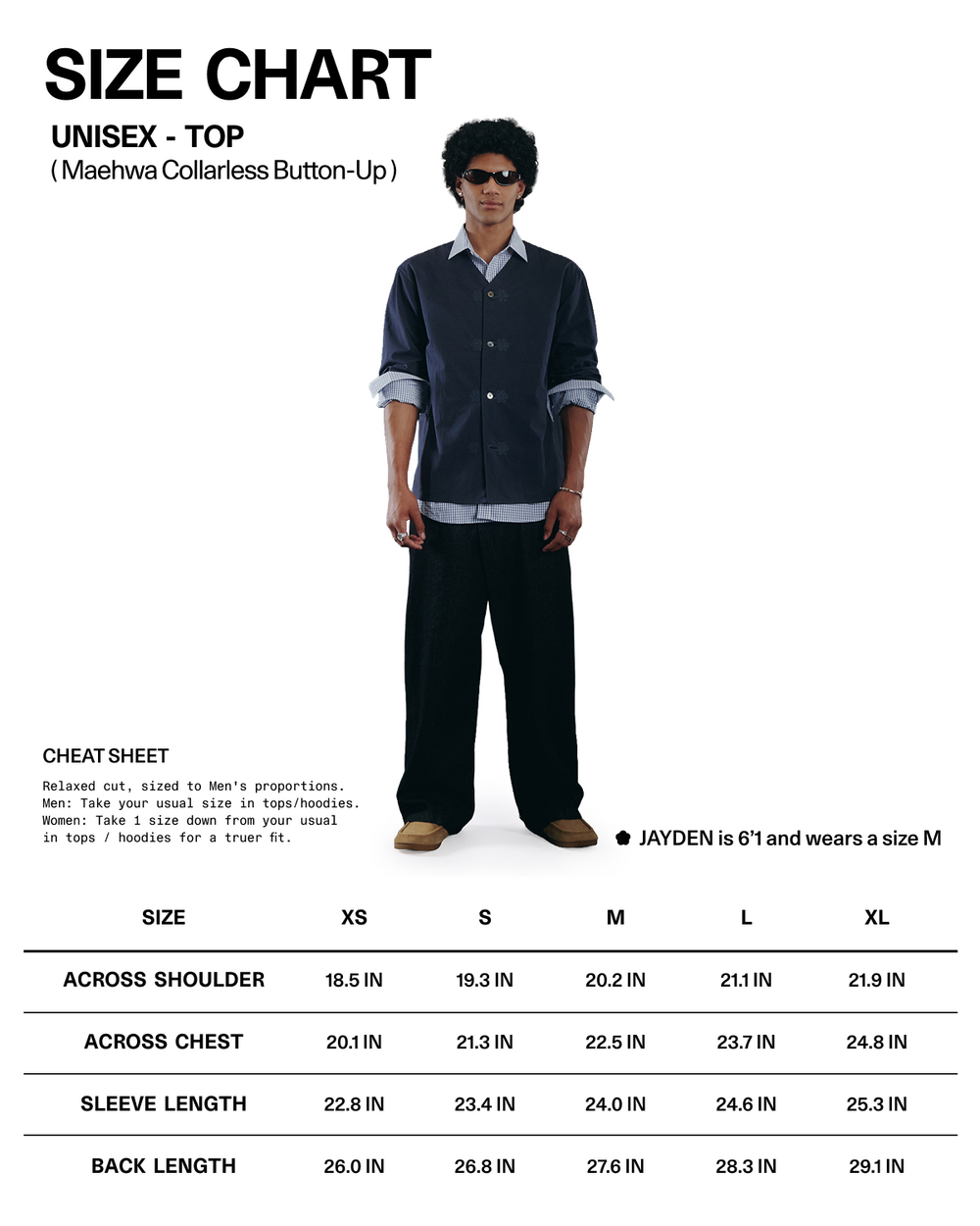 A person is shown wearing the Sundae School MAEHWA COLLARLESS SHIRT in a dark color, which features subtle Maehwa embroidery and paired with black pants. They stand above a size chart displaying measurements for sizes XS to XXL. The model is 6'1" and wears a size M. This unisex mid-layer, collarless linen shirt from Sundae School combines comfort with style.