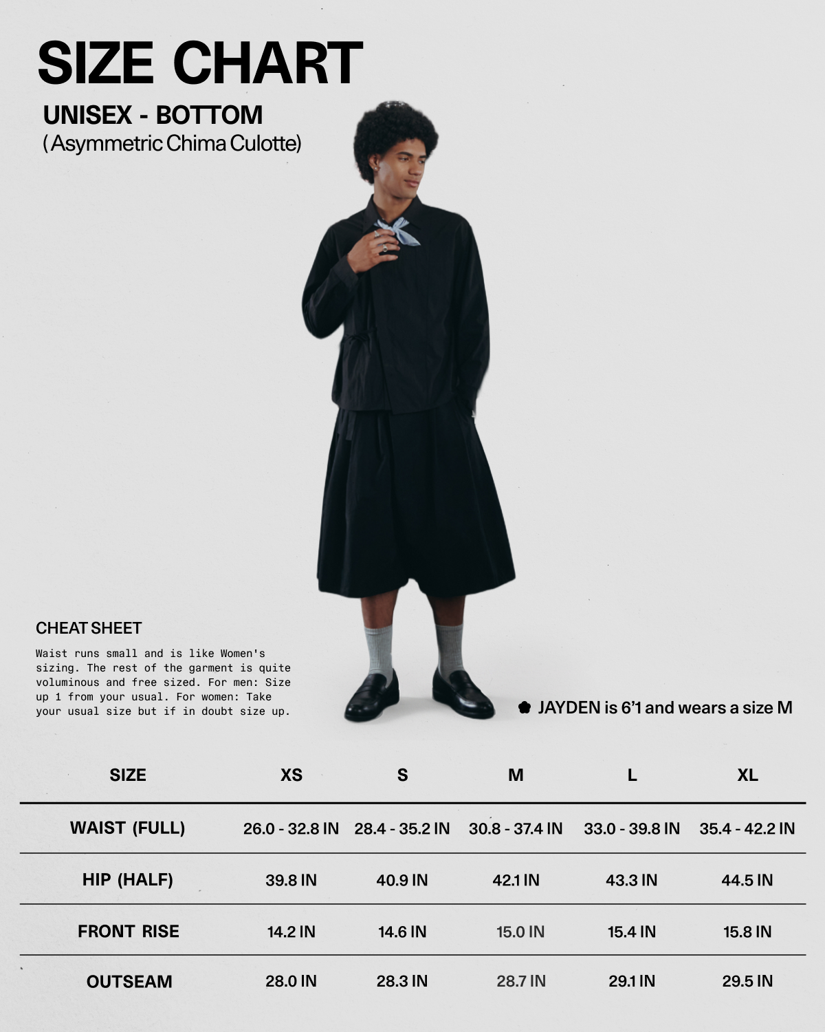 A size chart graphic for a unisex bottom garment, featuring a model wearing a long black pleated ankle-length culotte and a measurement table at the bottom with waist, hip, front rise, and outseam measurements for sizes XS through XL.