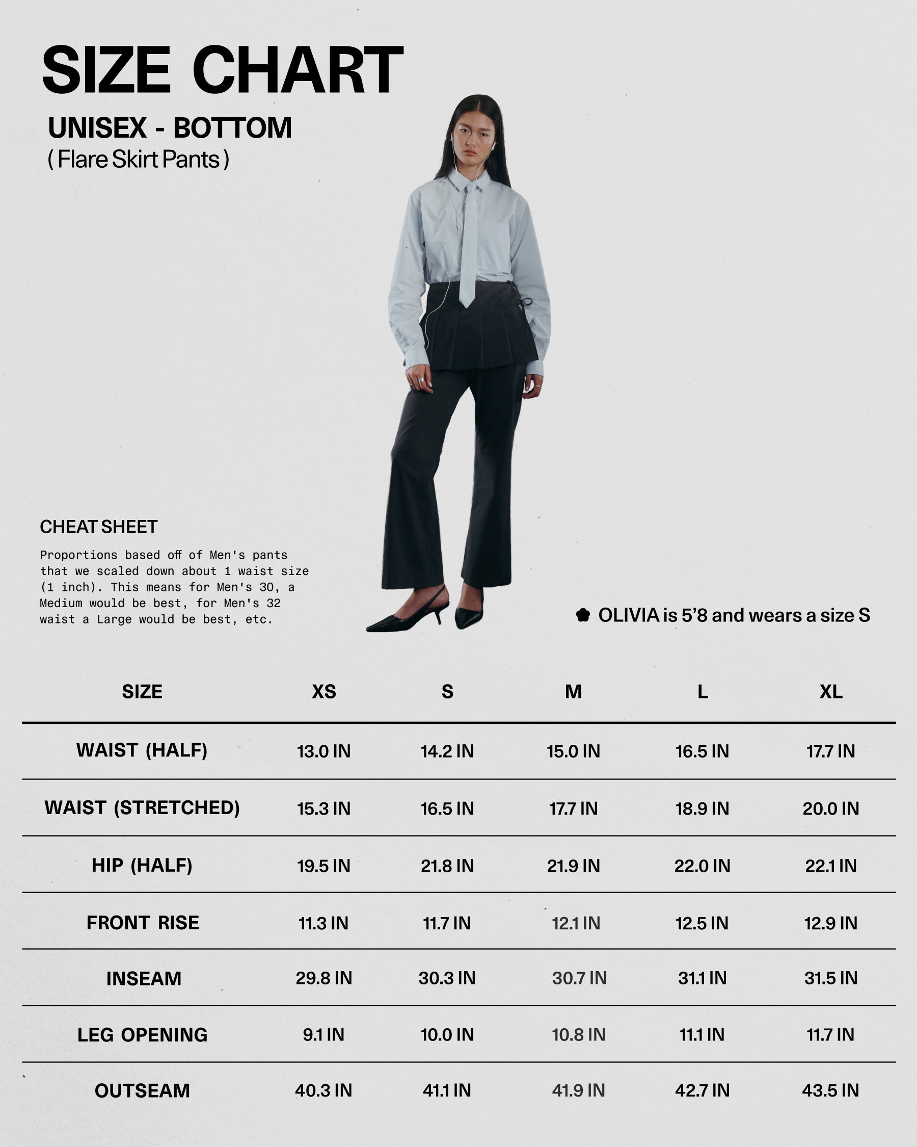 Size chart for unisex flared skirt pants with a model wearing the pants.