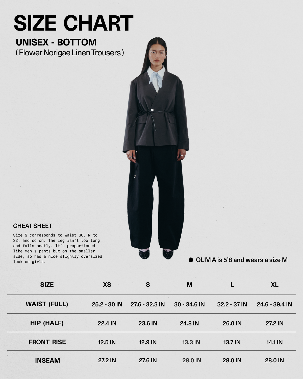 A size chart and sizing diagram for Olivia's unisex bottom in a flower nigraice linen trouser, showing a model wearing the pants and a measurement table with waist, hip, front rise, and inseam measurements.