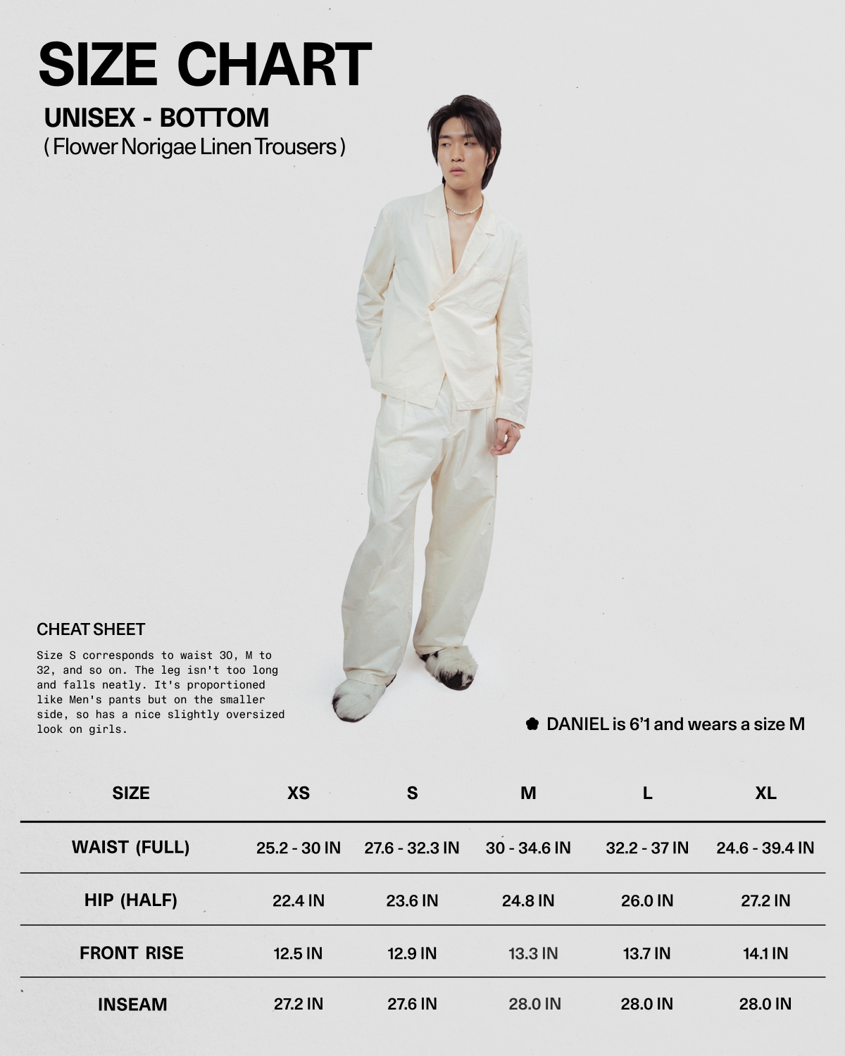 A size chart and fit guide for Daniel's white unisex bottom trousers, showing a model wearing the pants on a light gray background with sizing tables below.