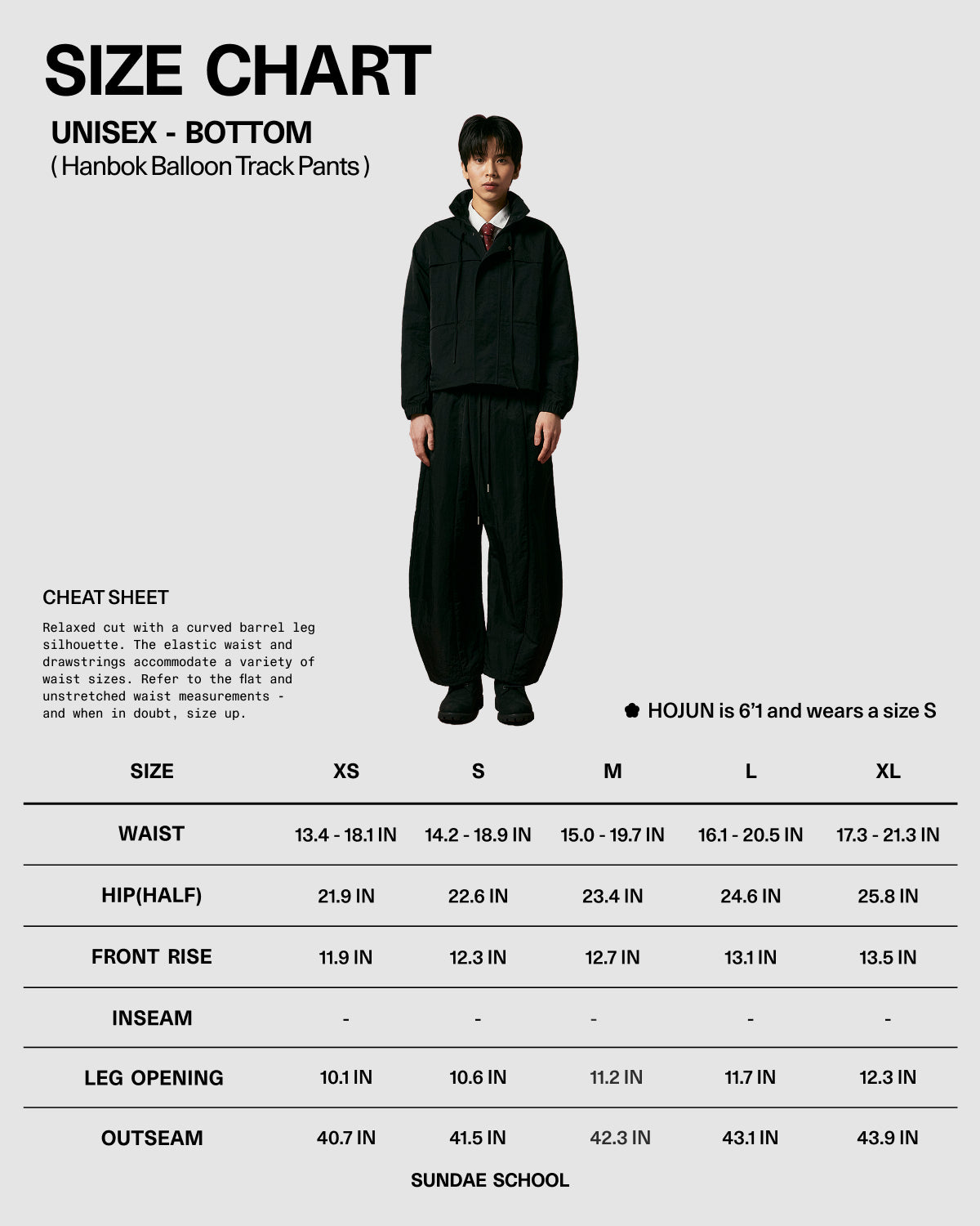 A model in Sundae School’s NAVY HANBOK BALLOON TRACK PANTS with a curved barrel silhouette stands above a unisex nylon track pants size chart (XS–XL), featuring fit details and a style cheat sheet.