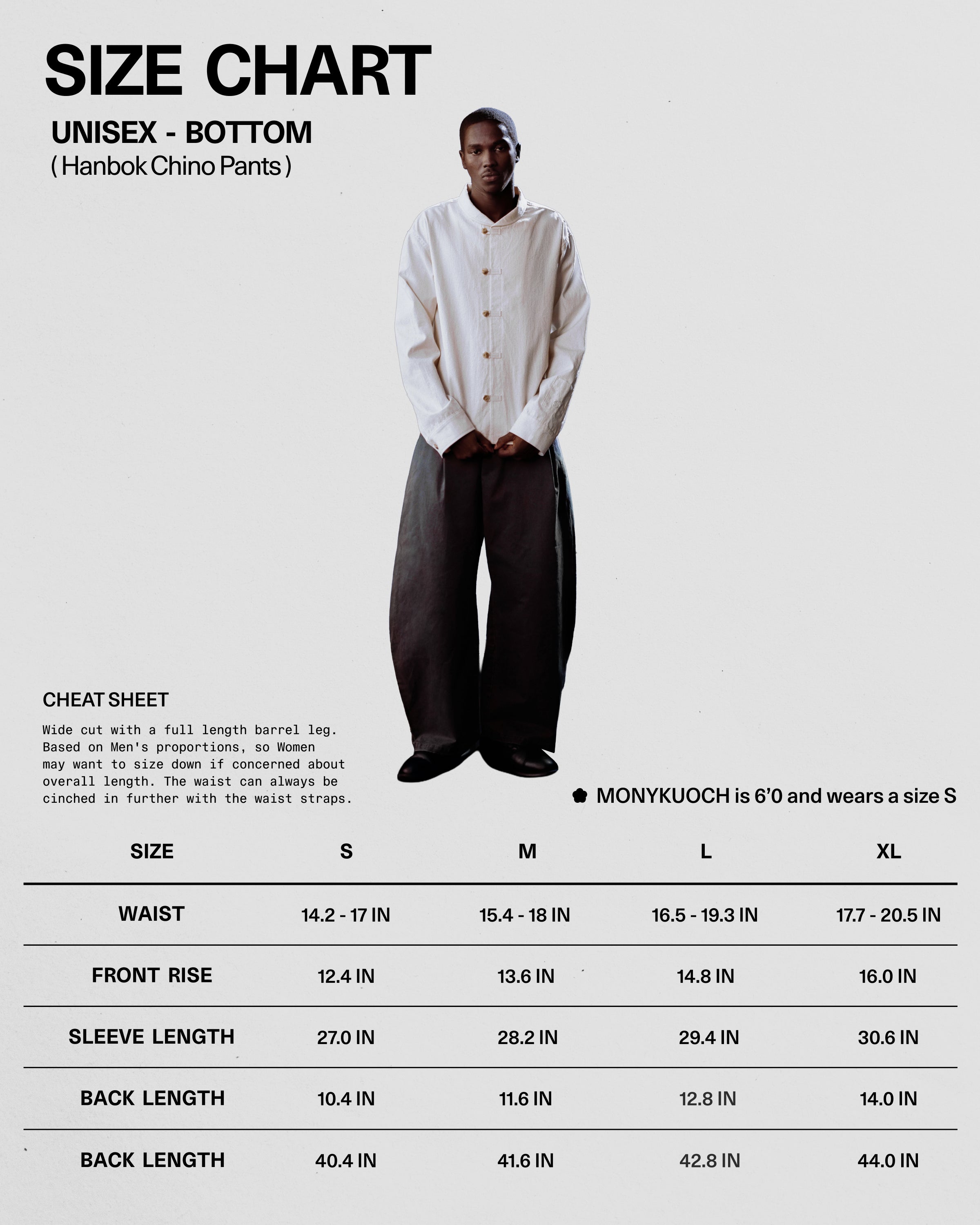 The BLACK HANBOK CHINO PANTS by Sundae School are displayed by a model in a white shirt and wide-leg black pants. The size chart lists waist, front rise, sleeve, and back lengths for sizes S to XL to highlight the hanbok-inspired fit.