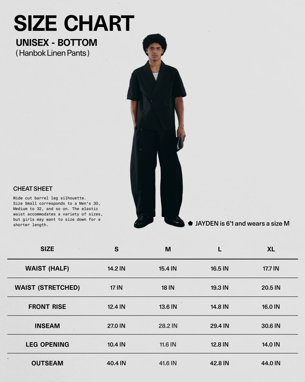 The Sundae School BLACK HANBOK LINEN PANTS size chart shows a model in black wide barrel-leg pants and a black top, listing waist, front rise, inseam, leg opening, and outseam for sizes S-XL.