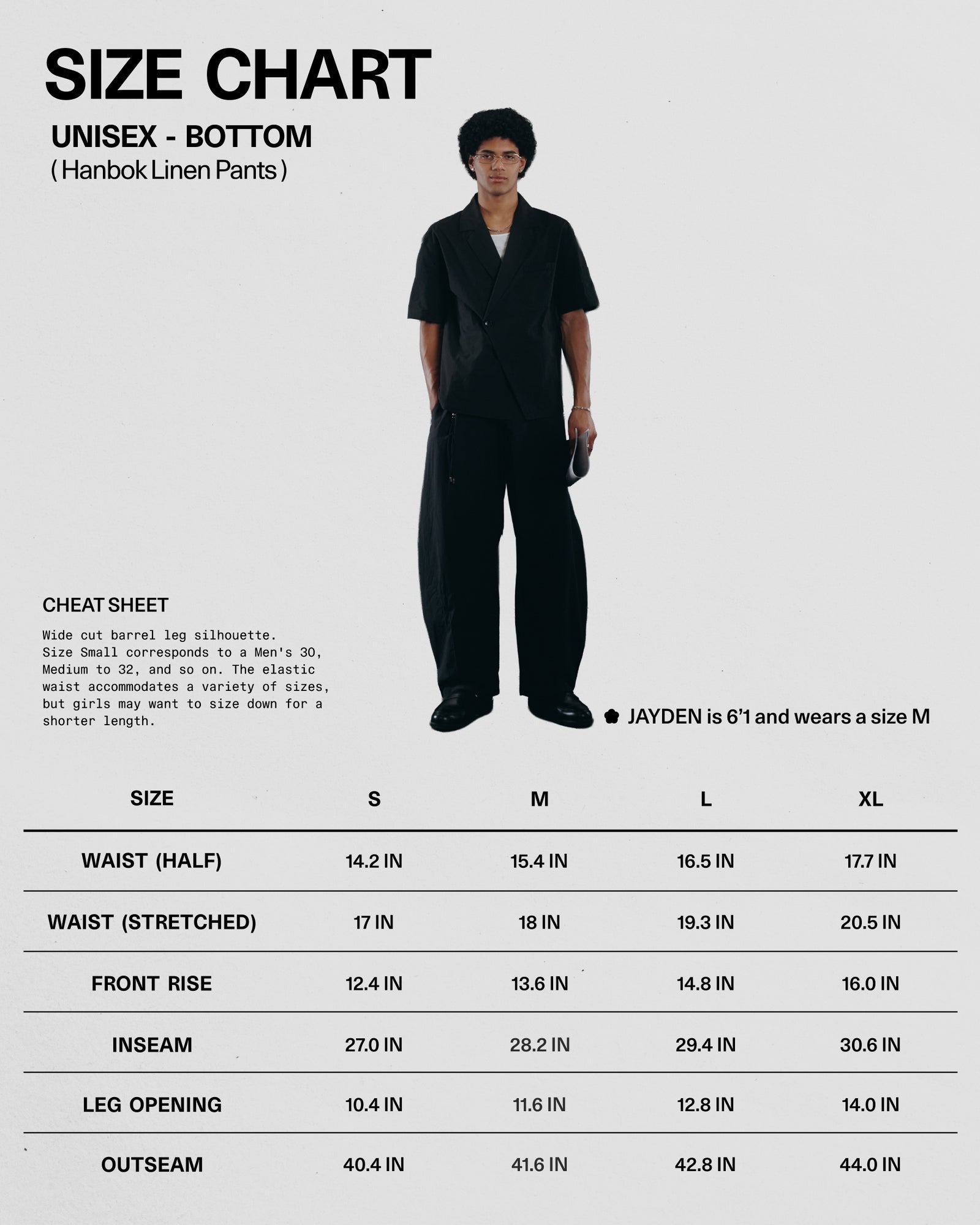 The Sundae School BLACK HANBOK LINEN PANTS size chart shows a model in black wide barrel-leg pants and a black top, listing waist, front rise, inseam, leg opening, and outseam for sizes S-XL.