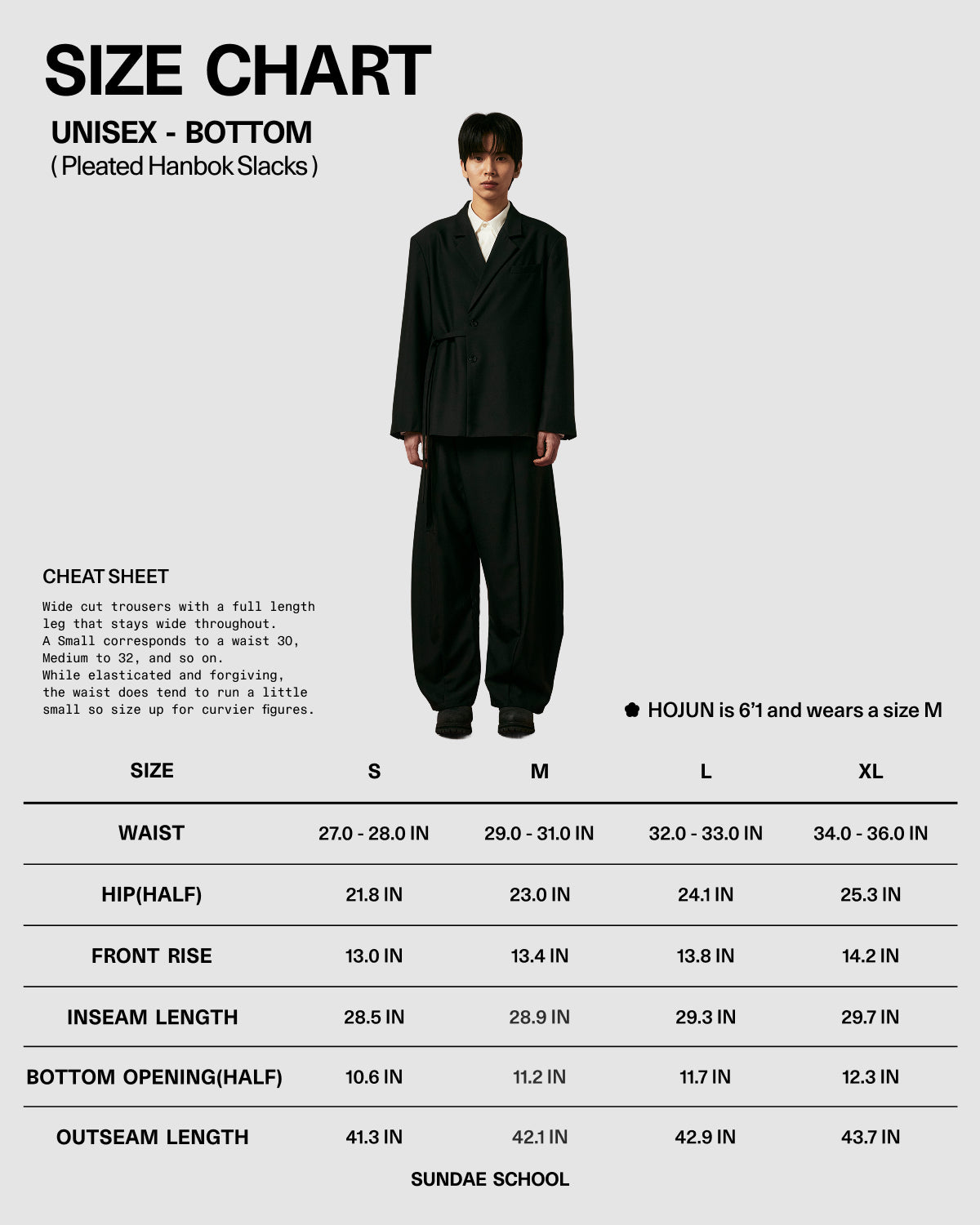 A person in Sundae School’s BLACK PLEATED HANBOK SLACKS and a matching black jacket stands center; a unisex size chart with detailed measurements appears below.