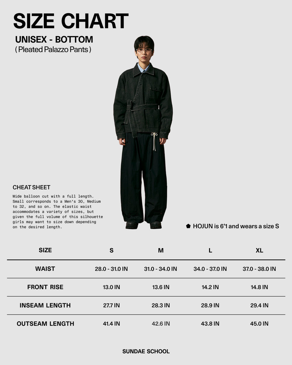 A person wears Sundae School's BLACK PLEATED PALAZZO PANTS and a black jacket, facing forward. Below are the unisex size chart details (S–XL) for waist, front rise, inseam, and outseam measurements.