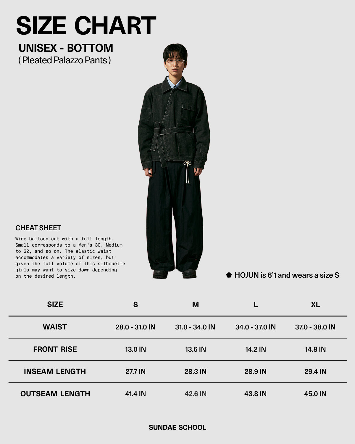 A person wears Sundae School's BLACK PLEATED PALAZZO PANTS and a black jacket, facing forward. Below are the unisex size chart details (S–XL) for waist, front rise, inseam, and outseam measurements.