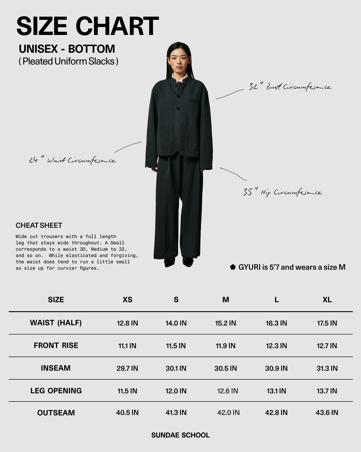 A size chart for Sundae School's NAVY PLEATED UNIFORM SLACKS shows a model (5'7