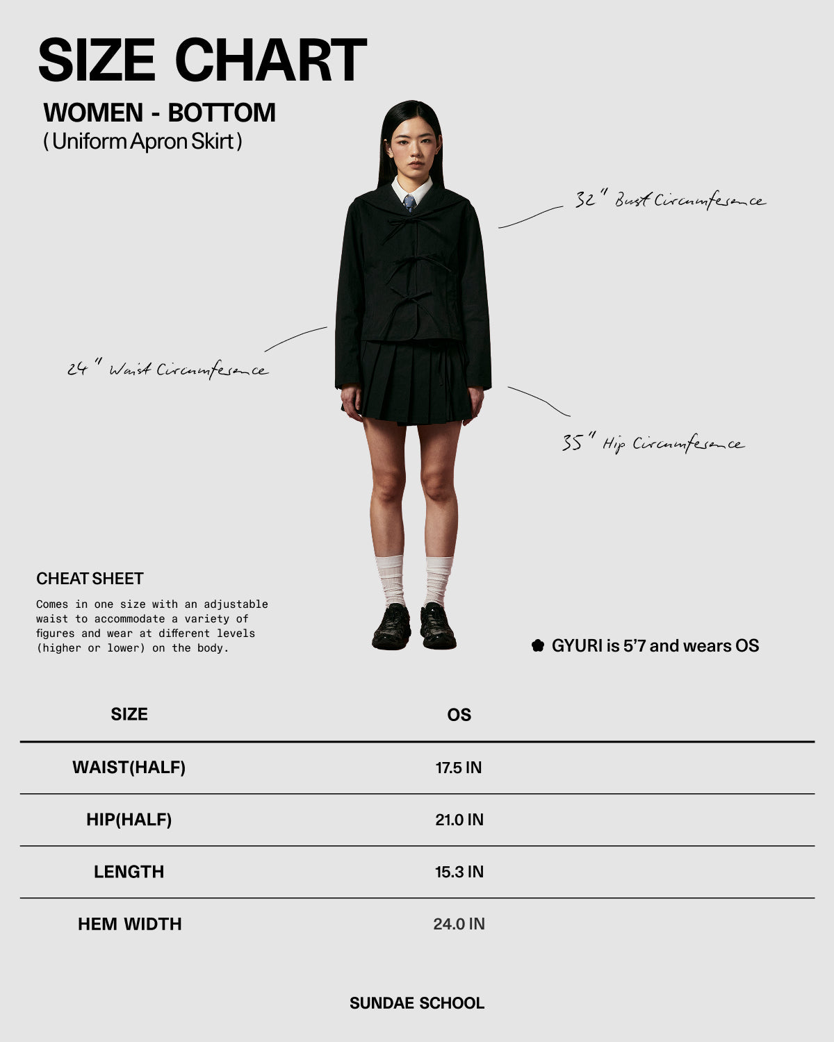 A woman faces forward, wearing the BLACK UNIFORM APRON SKIRT by Sundae School with a blazer, white shirt, and socks. The size chart lists bust, waist, hip, skirt measurements, and includes a cheat sheet.
