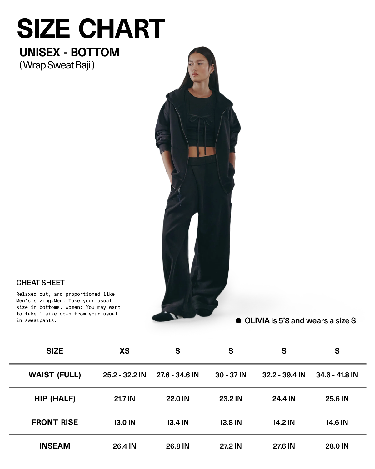 A woman wearing the BLACK WASH WRAP SWEAT BAJI from Sundae School stands beside a unisex bottoms size chart, which shows measurements for sizes XS to L—including waist, hip, front rise, and inseam—making it easy to find the perfect fit for these cotton sweatpants.