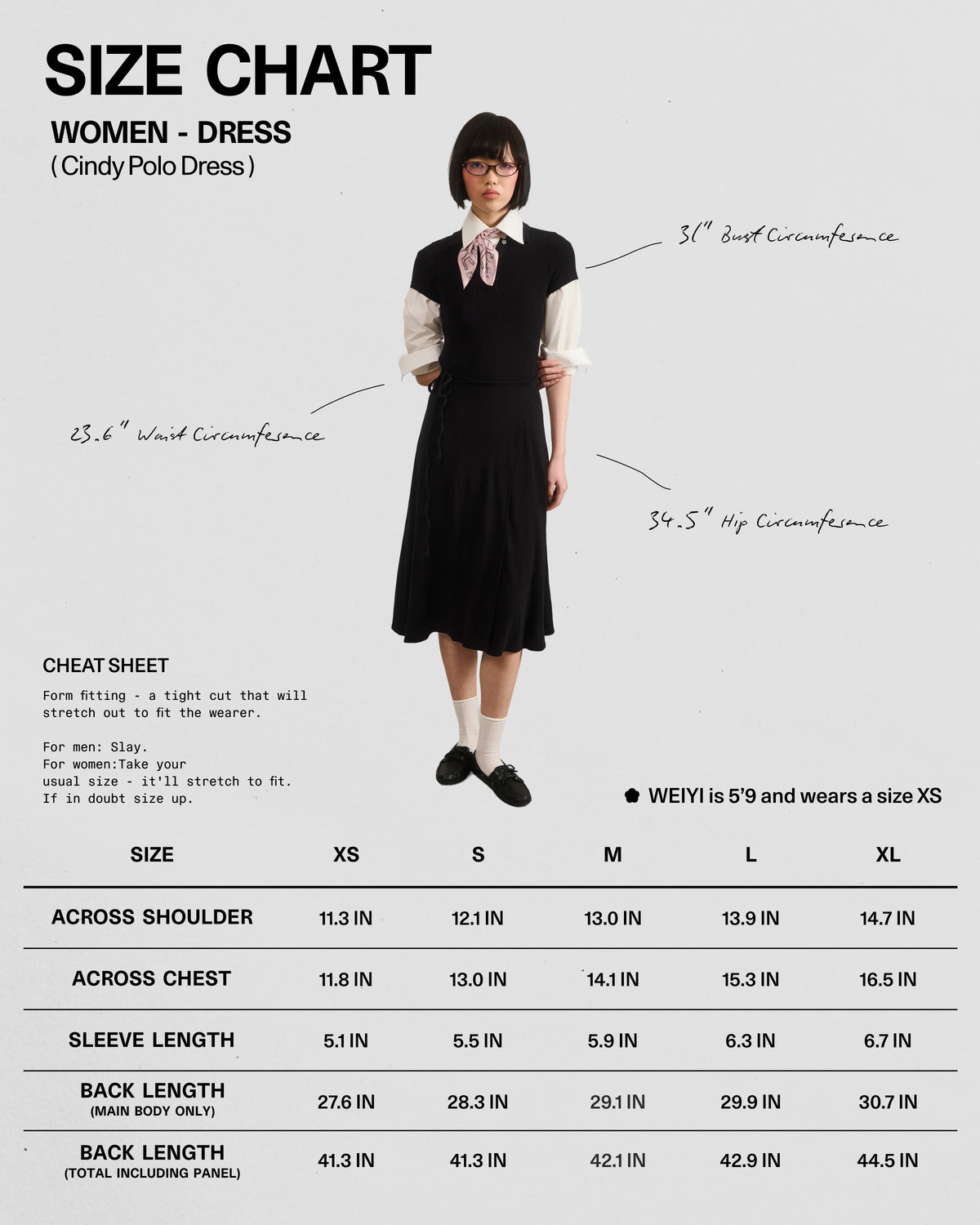 A woman stands against a white background modeling the BLACK CINDY POLO DRESS by Sundae School, styled with a pink scarf. An annotated size chart displays body and garment measurements for sizes XS–XL. The model is 5′9″ and wears size XS. Handwritten fit tips are also included.