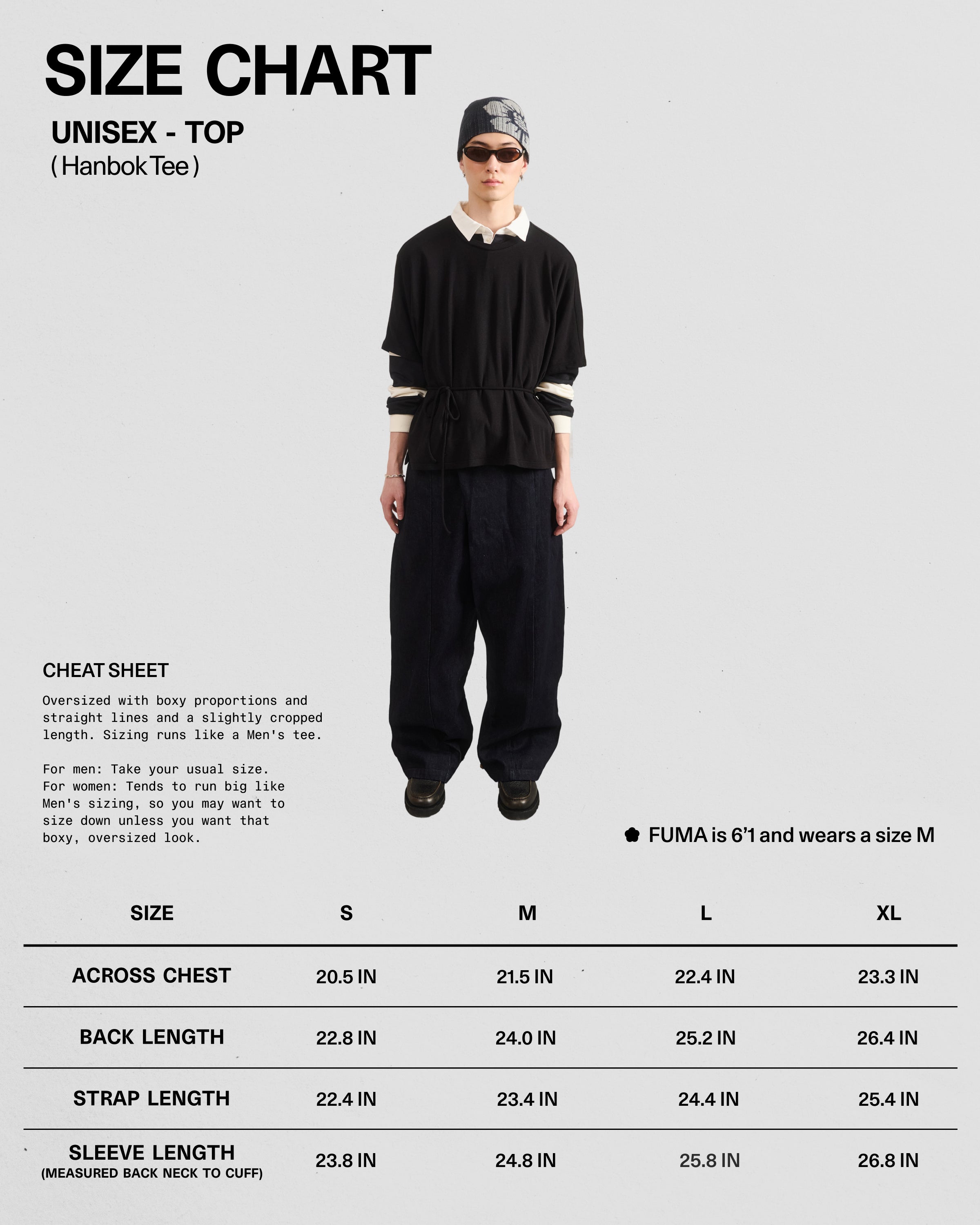 A person wears the BLACK BAERAE T-SHIRT by Sundae School, styled like a traditional Korean overcoat, paired with wide black pants, sunglasses, and a bandana. A size chart shows S–XL chest, back length, strap length, and sleeve length.