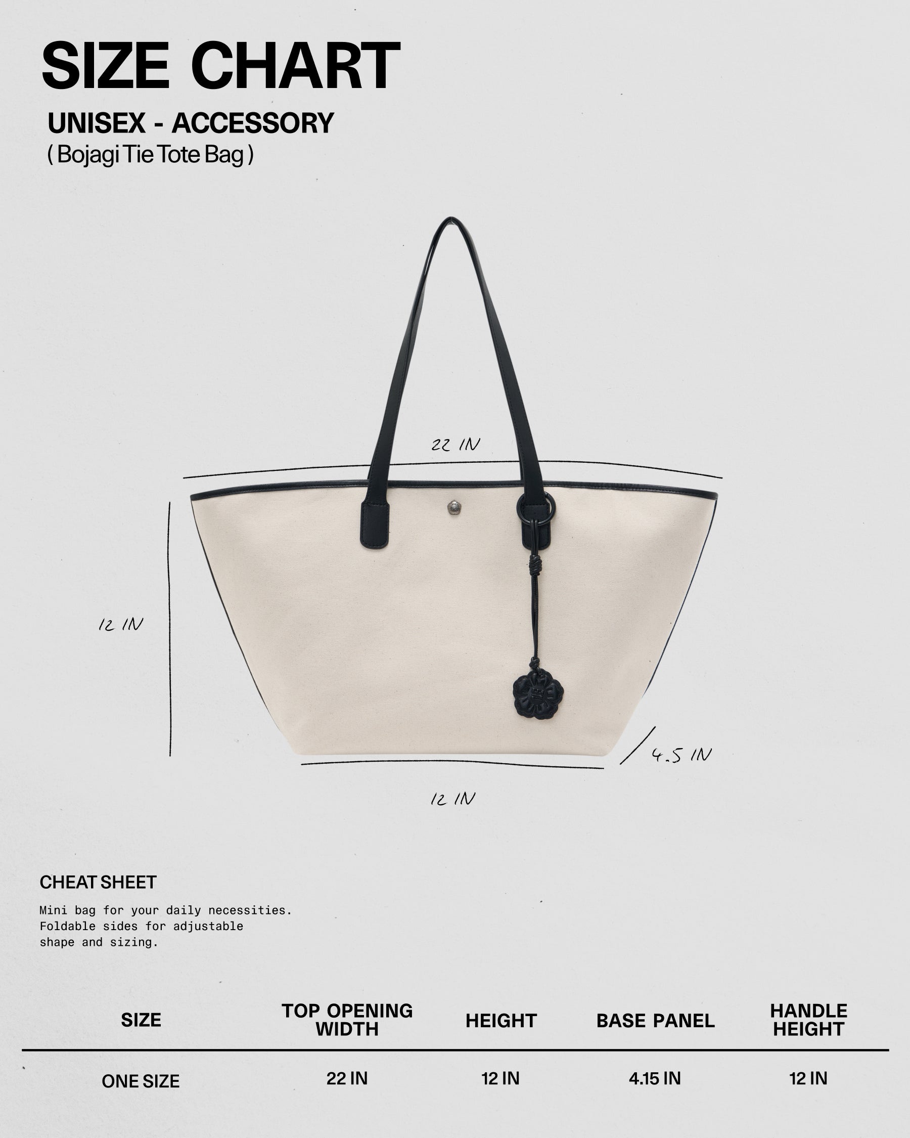 Size chart for the Sundae School IVORY BOJAGI TIE TOTE BAG: cream cotton canvas tote with black handles. Dimensions—top opening: 22
